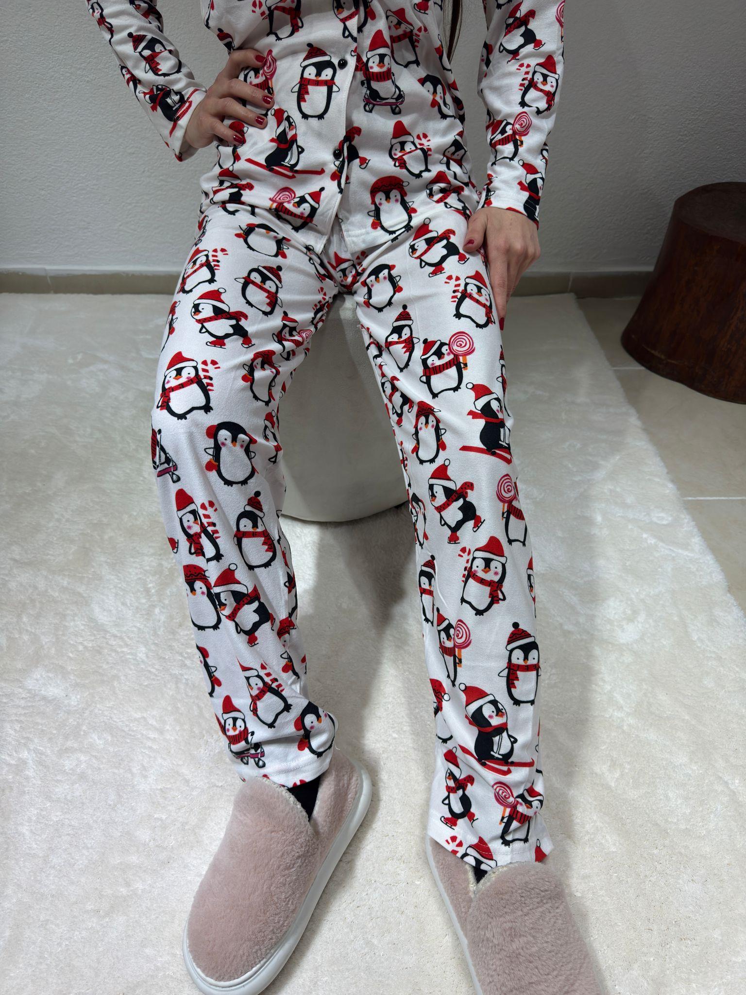 Penguen Desenli Uzun Kol Süet Pijama Takım