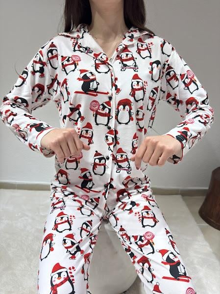Penguen Desenli Uzun Kol Süet Pijama Takım
