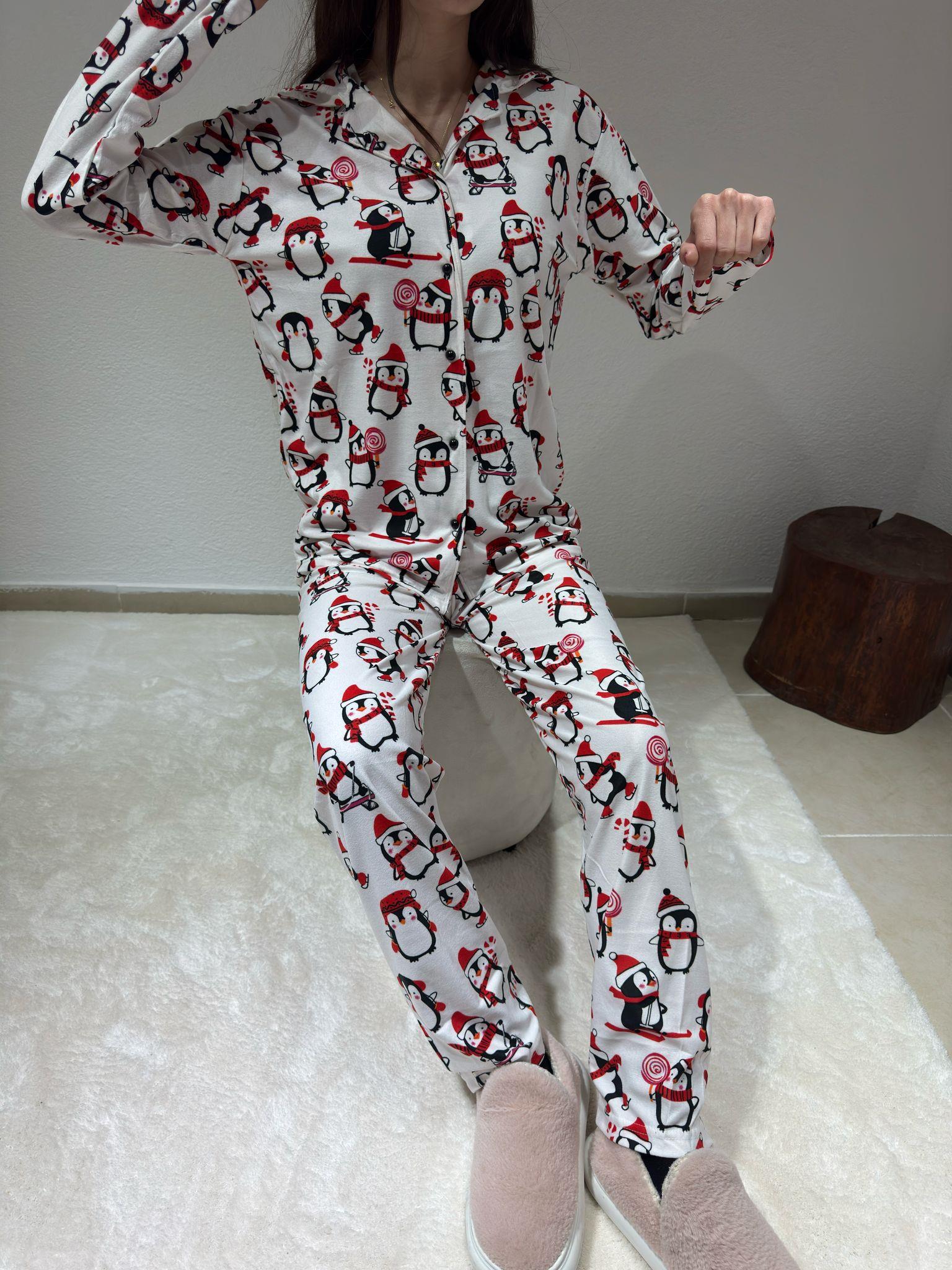 Penguen Desenli Uzun Kol Süet Pijama Takım