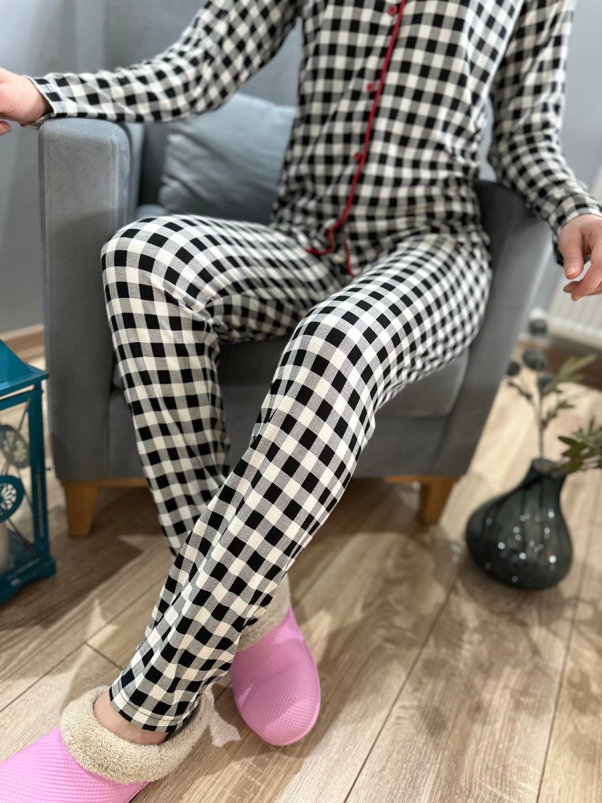 Pötikareli Süet Pijama Takım Siyah-Beyaz