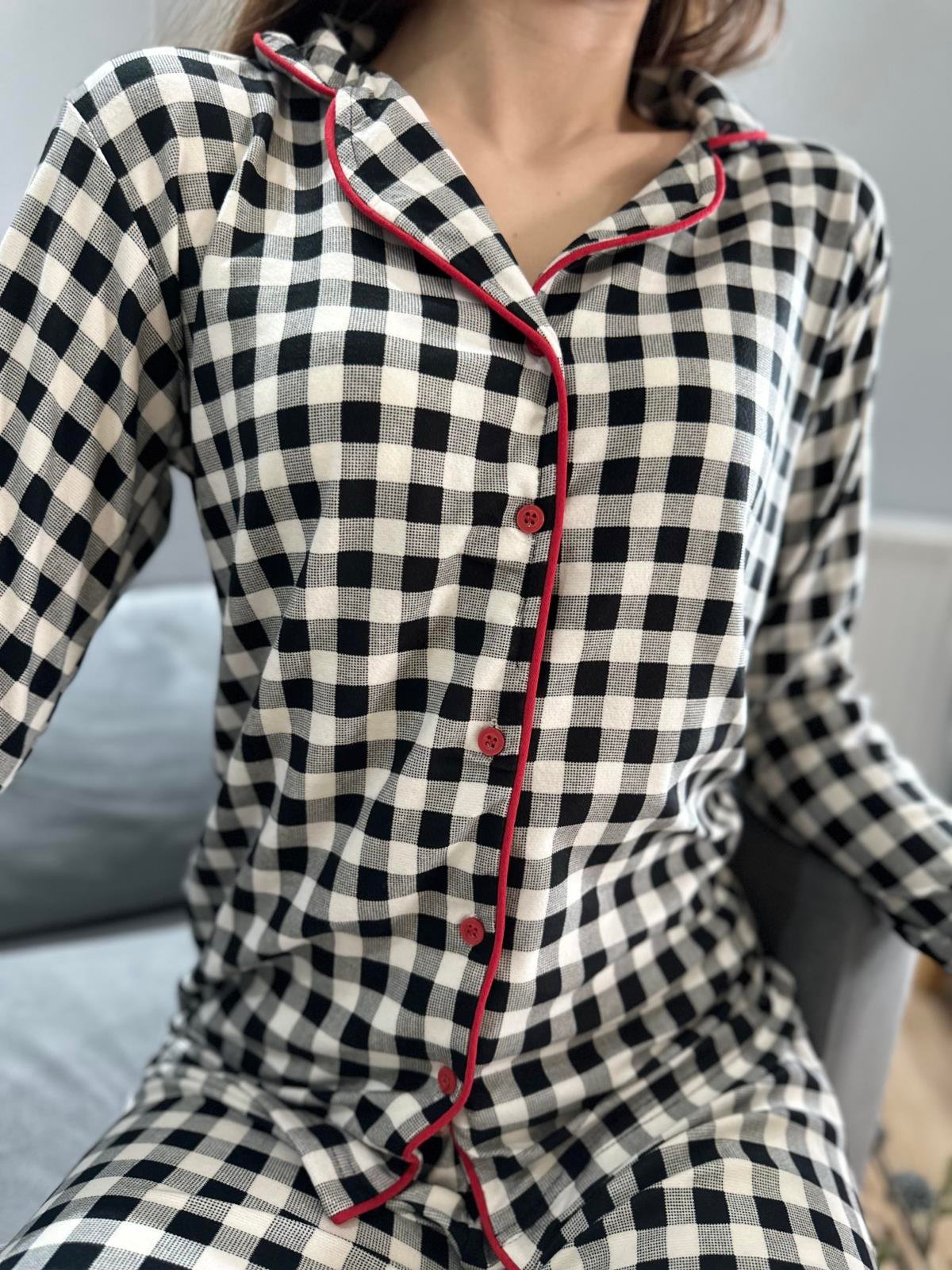 Pötikareli Süet Pijama Takım Siyah-Beyaz