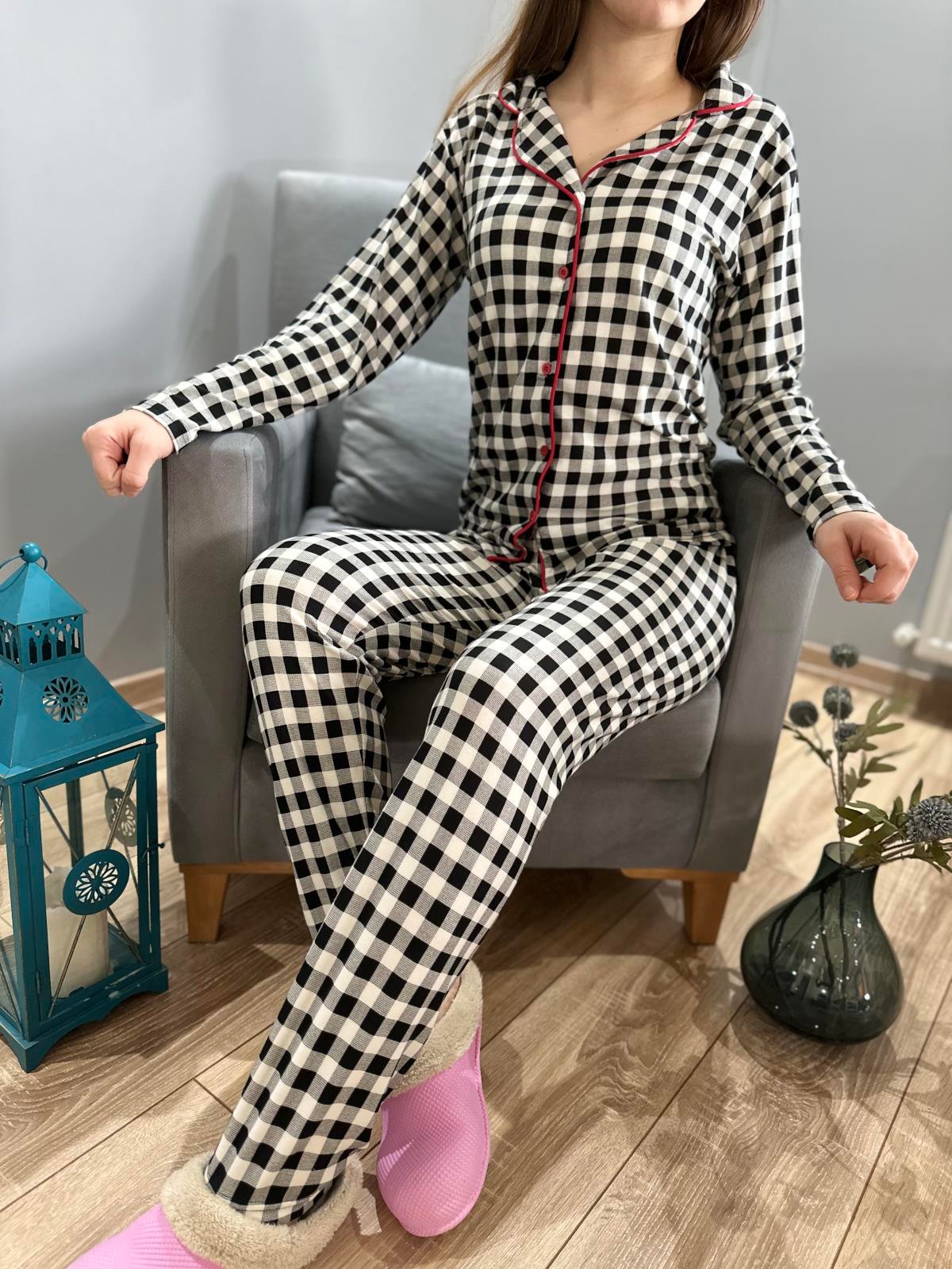 Pötikareli Süet Pijama Takım Siyah-Beyaz