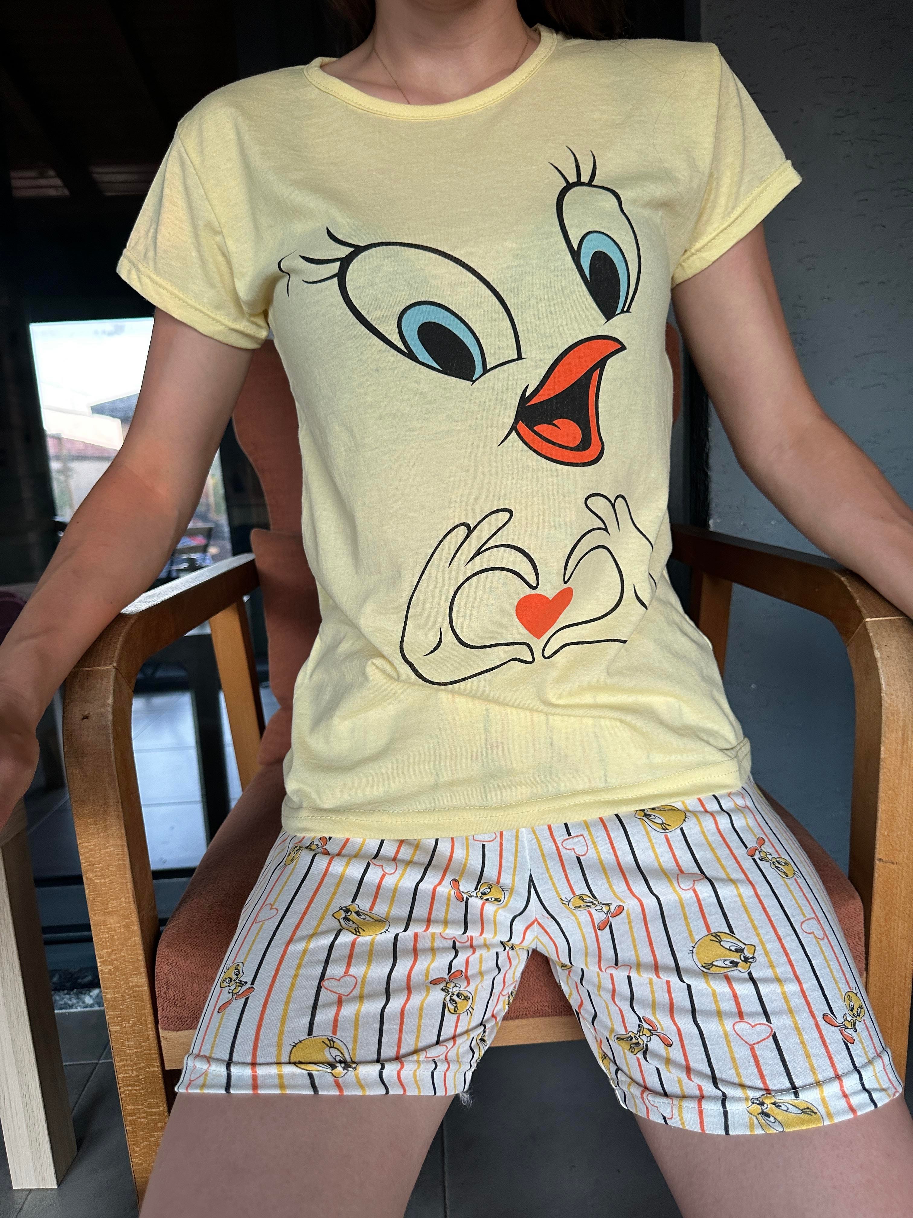 Tweety Desenli Kısa Kol Şort Pijama Takım Sarı