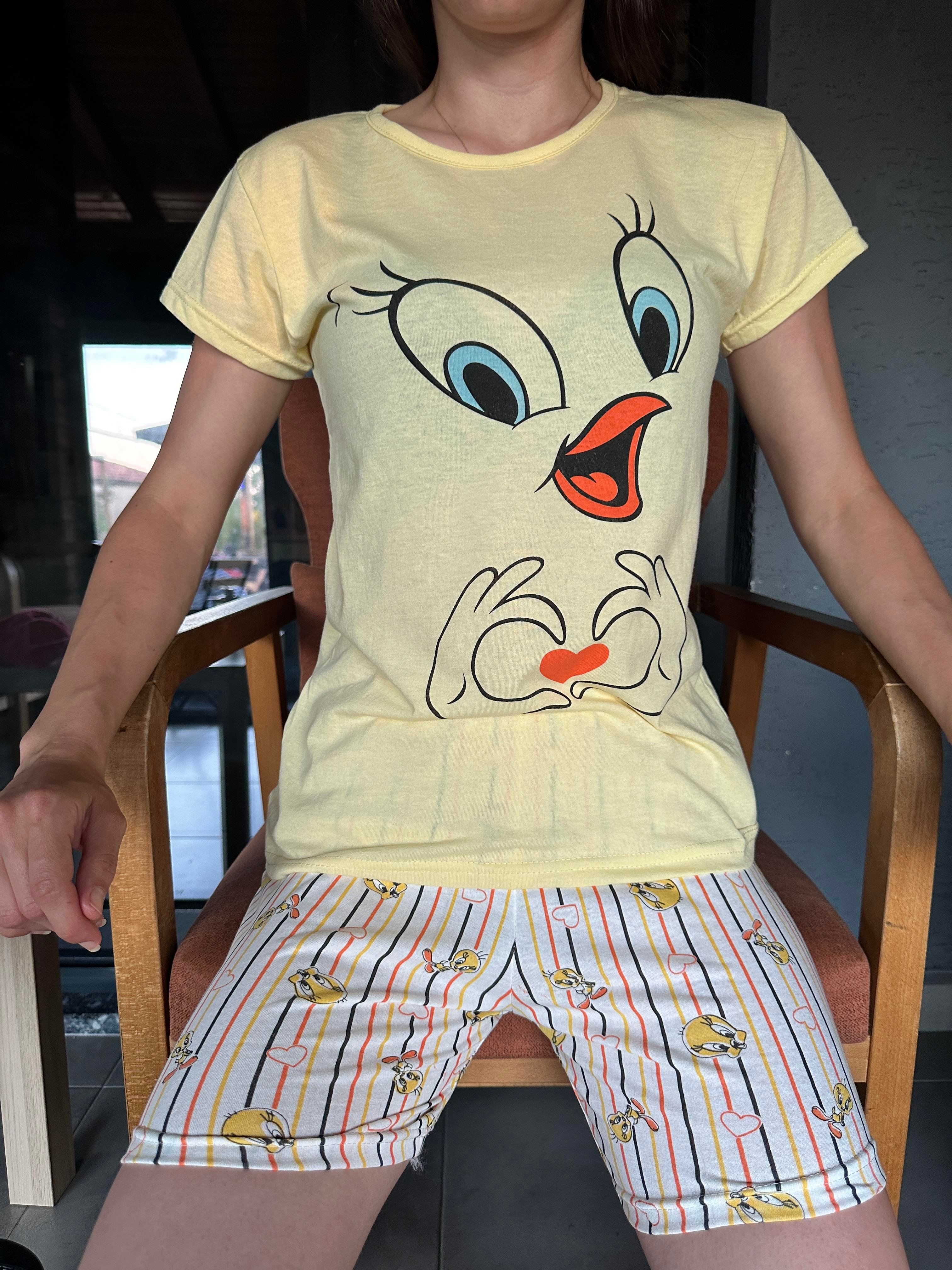 Tweety Desenli Kısa Kol Şort Pijama Takım Sarı