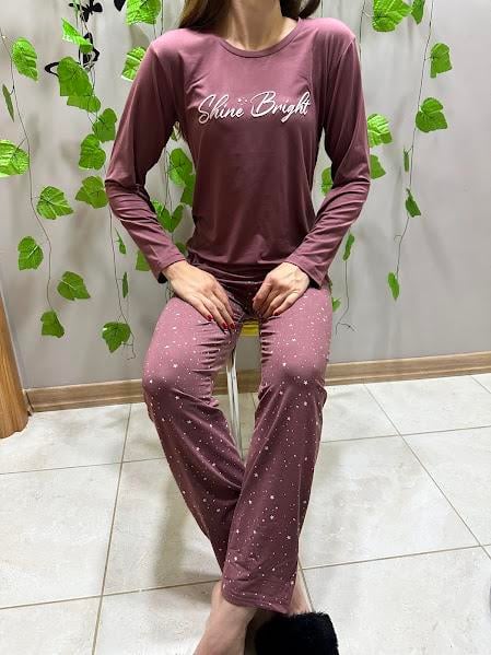 Yazı Desenli Pamuklu Pijama Takım Vişne Çürüğü