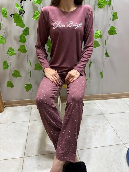 Yazı Desenli Pamuklu Pijama Takım Vişne Çürüğü