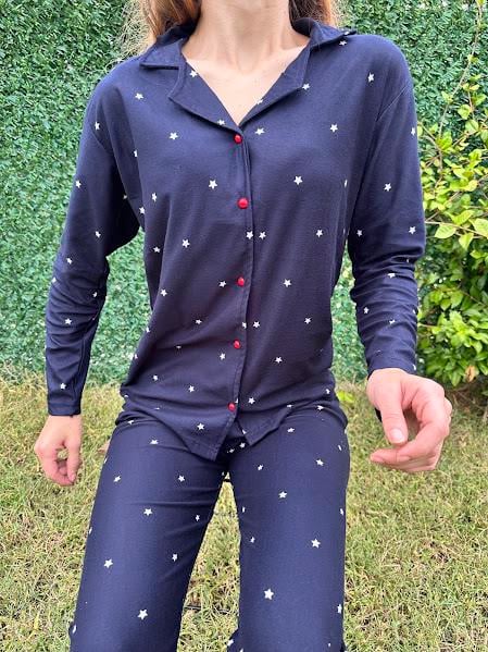 Yıldız Desenli Gömlek Yaka Pijama Takım 