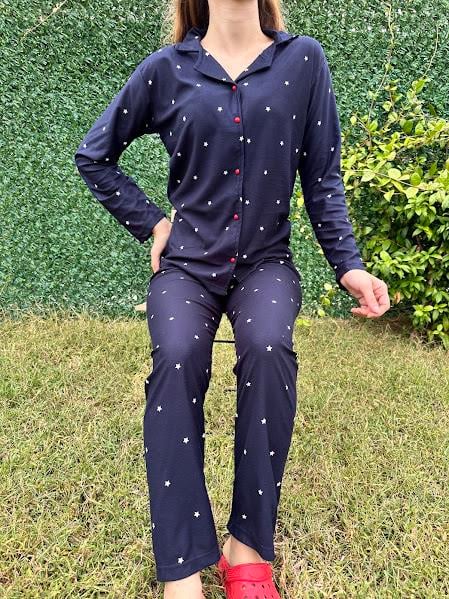 Yıldız Desenli Gömlek Yaka Pijama Takım 
