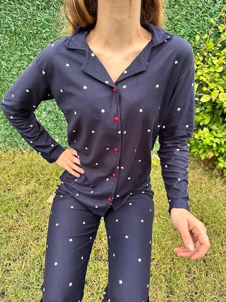 Yıldız Desenli Gömlek Yaka Pijama Takım 