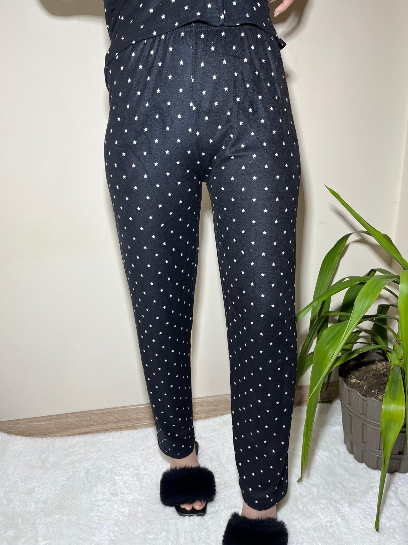 Yıldız Desenli Önden Düğmeli Süet Pijama Takım Siyah