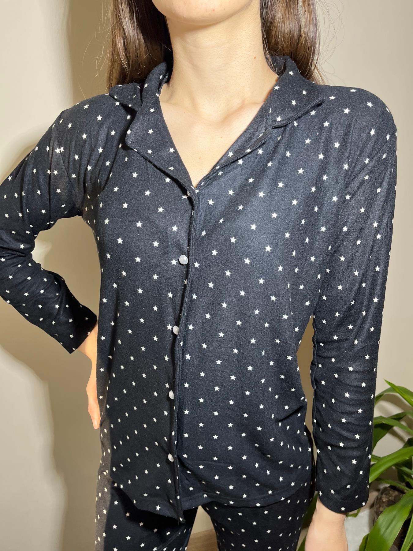 Yıldız Desenli Önden Düğmeli Süet Pijama Takım Siyah