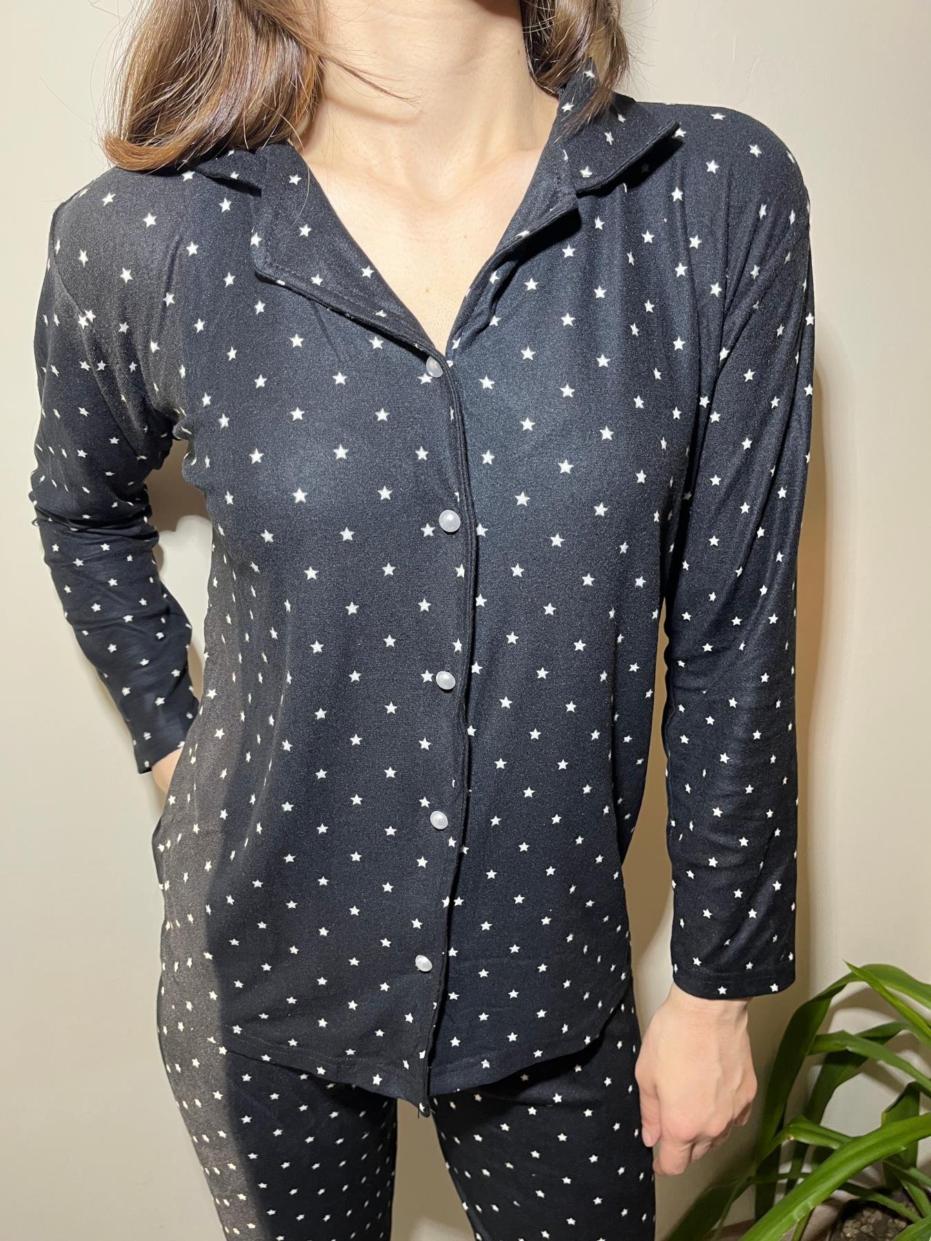 Yıldız Desenli Önden Düğmeli Süet Pijama Takım Siyah