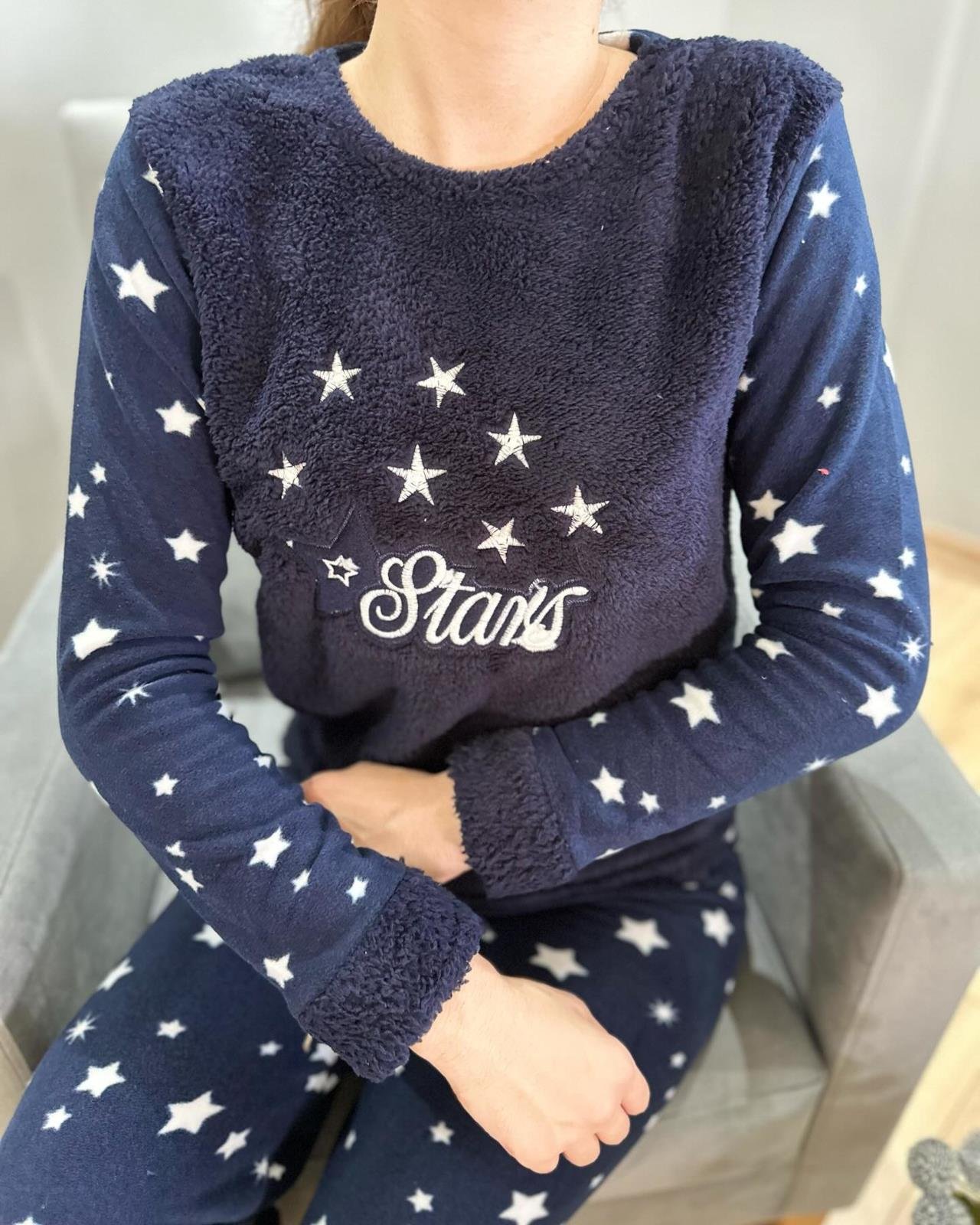 Yıldız Desenli Polarlı Pijama Takım Lacivert