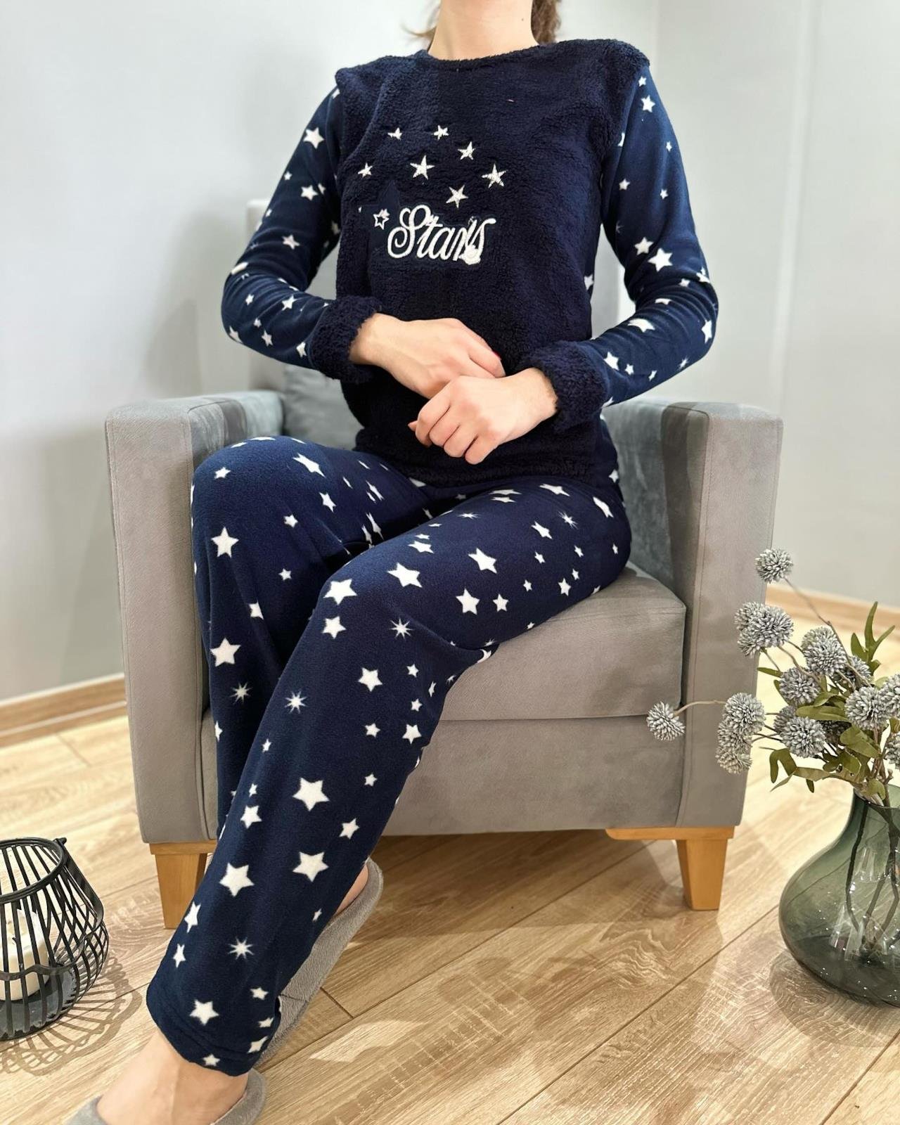 Yıldız Desenli Polarlı Pijama Takım Lacivert