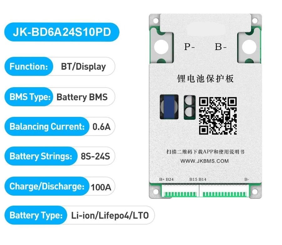 JK Smart Bms - 8-24S 100A - 0.6A BLANS-JK-B6A24S10PD