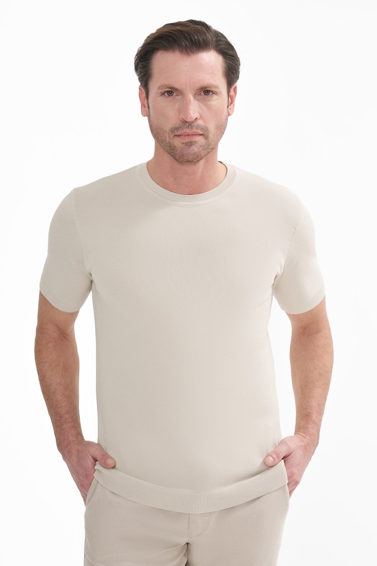 İntersivin Bisiklet Yaka Taş Rengi Tshirt - SY-10