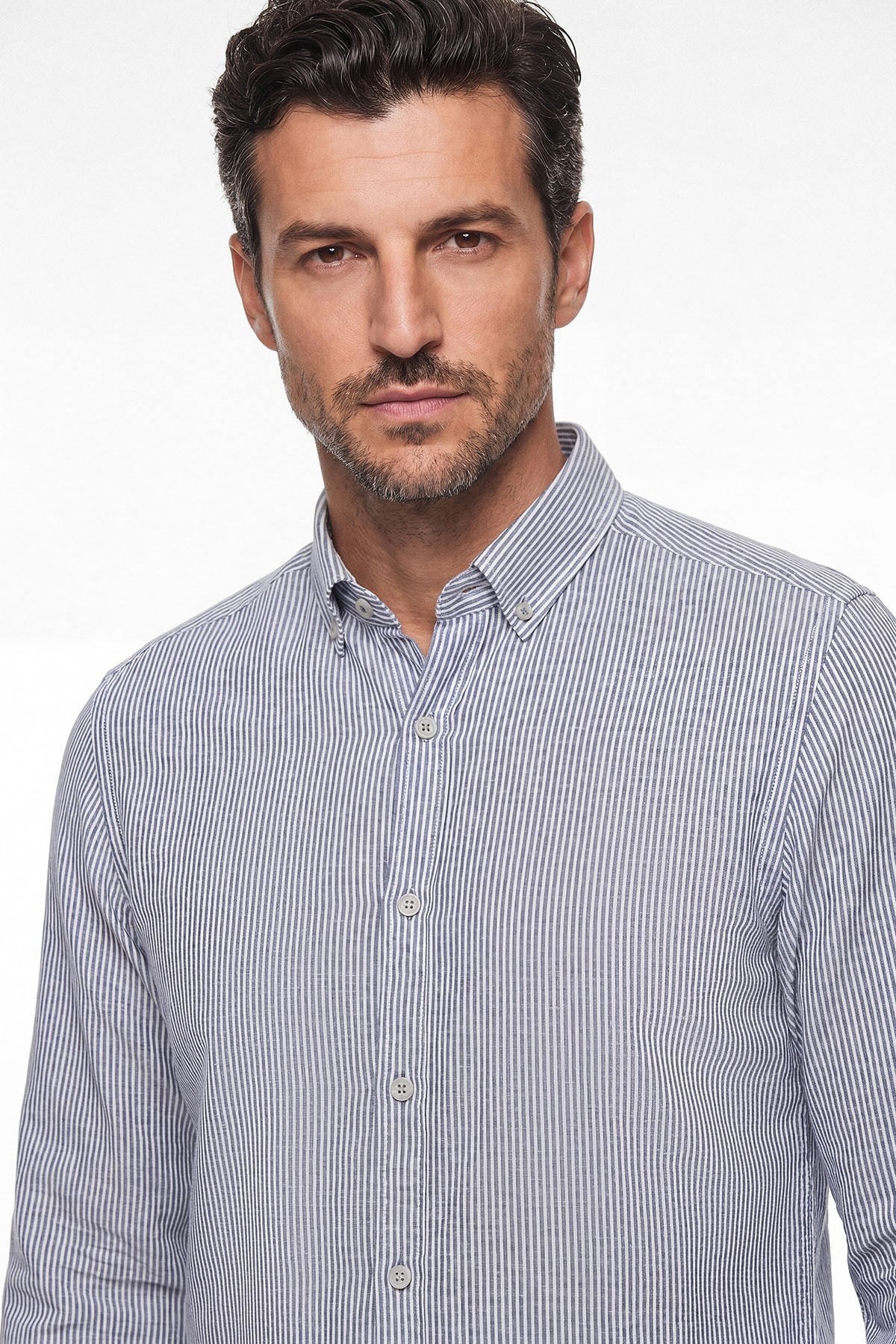 İntersivin Çİzgli Slim Fit Keten GömlekVT-37