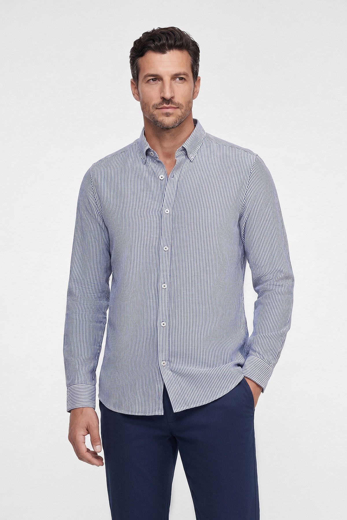 İntersivin Çİzgli Slim Fit Keten GömlekVT-37