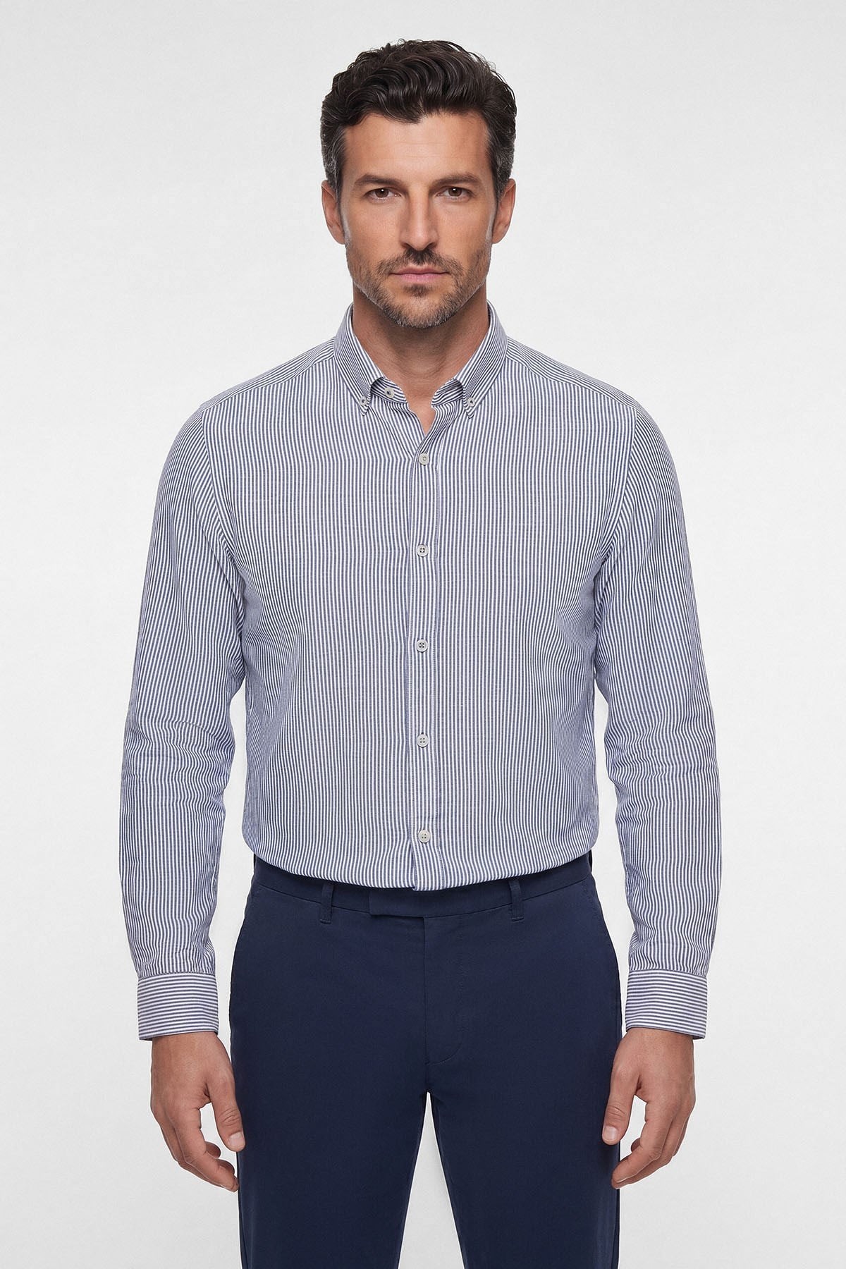 İntersivin Çİzgli Slim Fit Keten GömlekVT-37