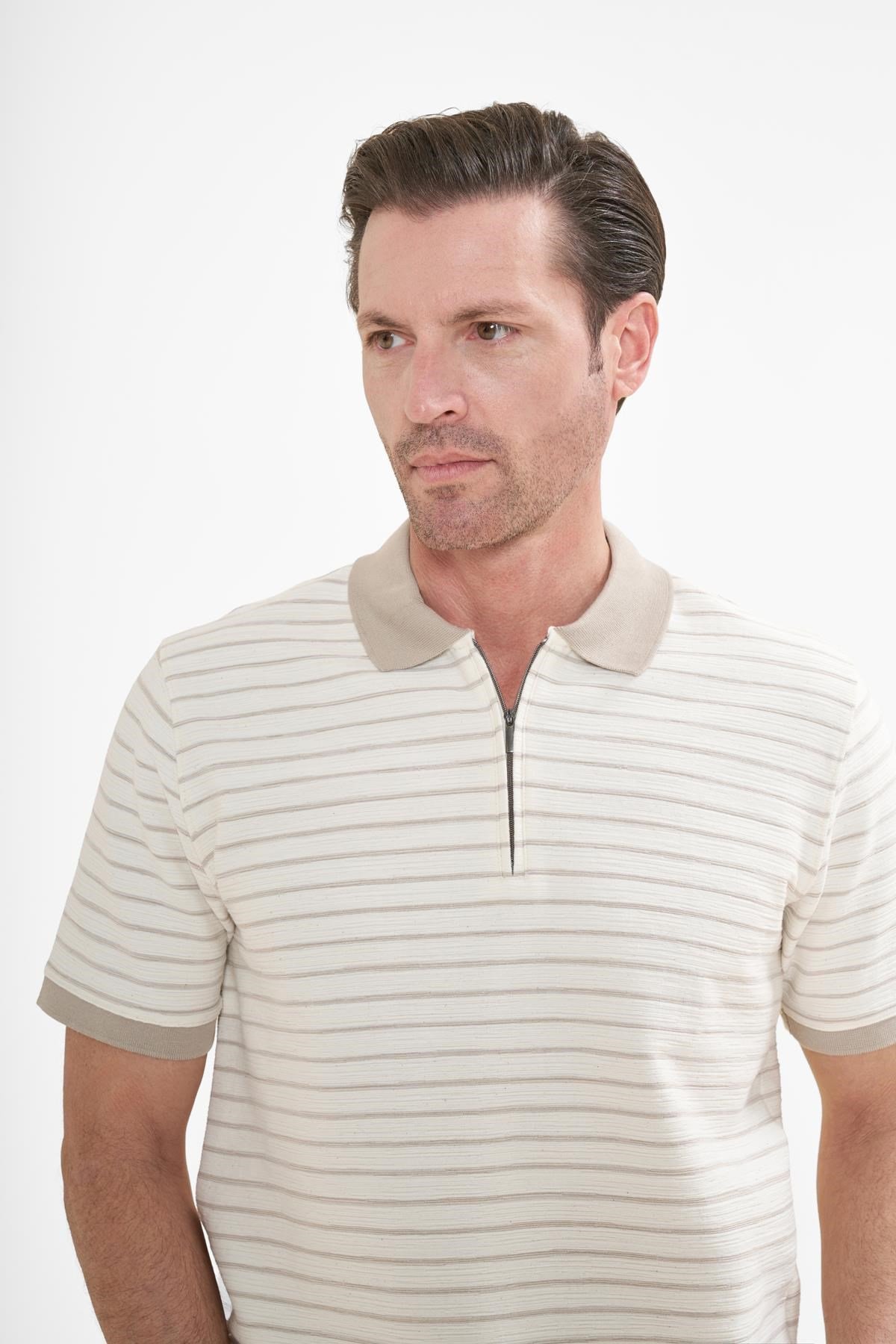 İntersivin Fermuarlı  Polo Yaka Bej Tshirt - SD-12