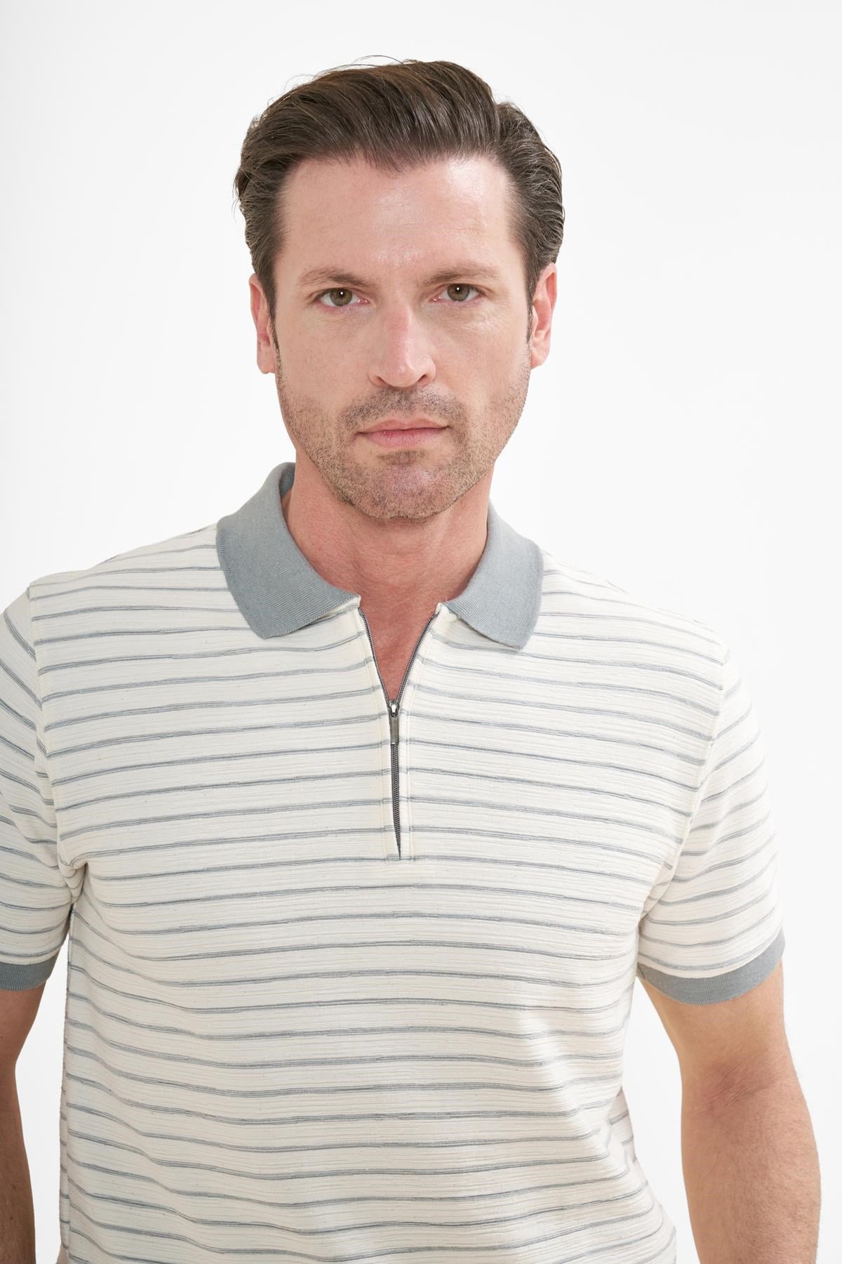 İntersivin Fermuarlı  Polo Yaka Gri Tshirt - SD-12