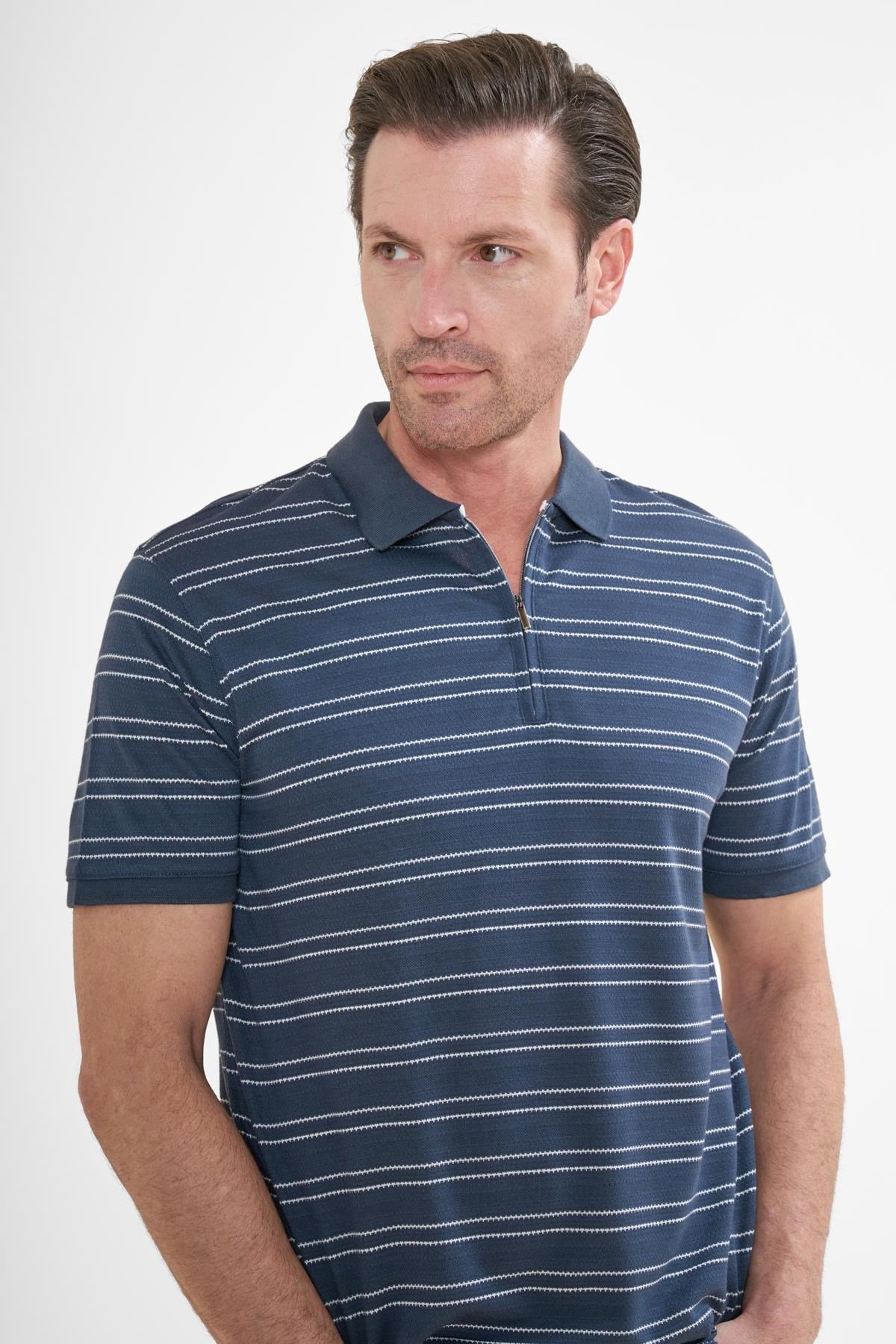 İntersivin Fermuarlı  Polo Yaka İndigo Tshirt - SD-11