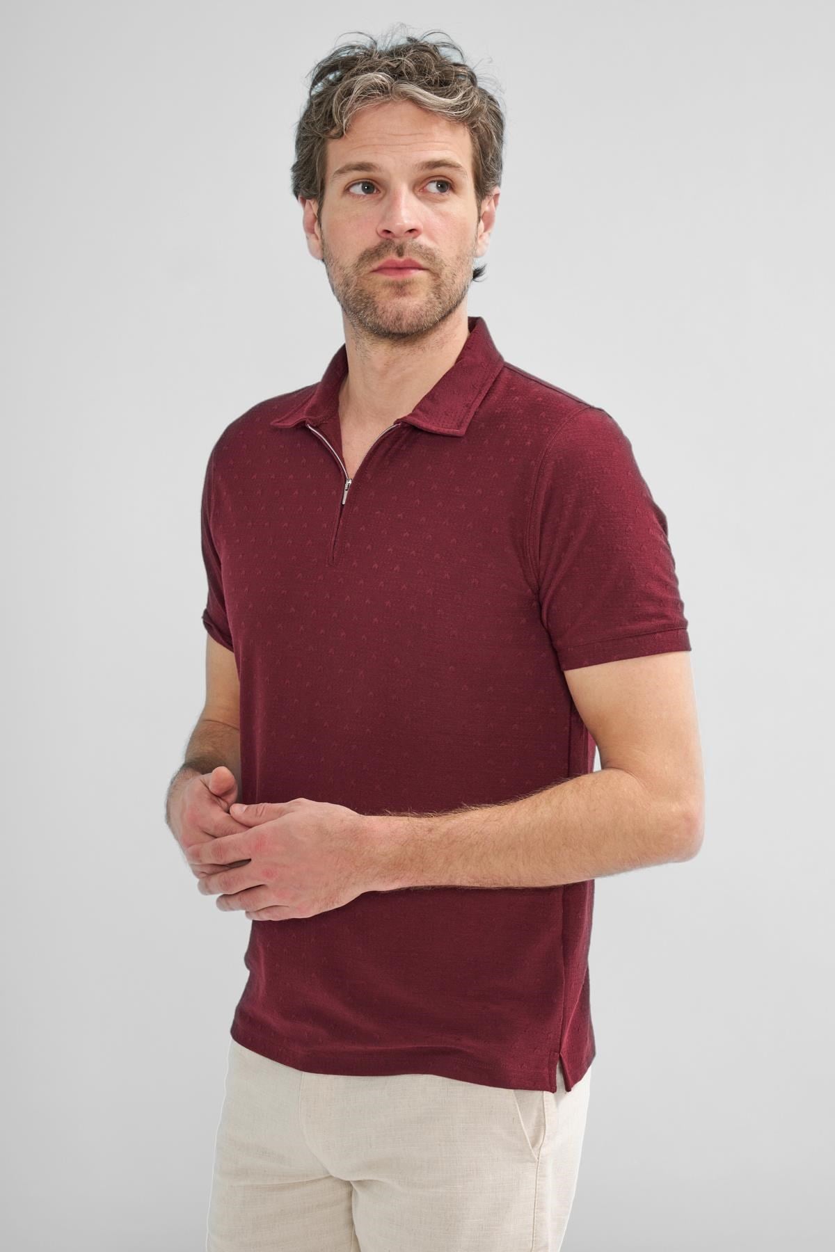 İntersivin Fermuarlı Polo Yaka Bordo Tshirt - SD-03