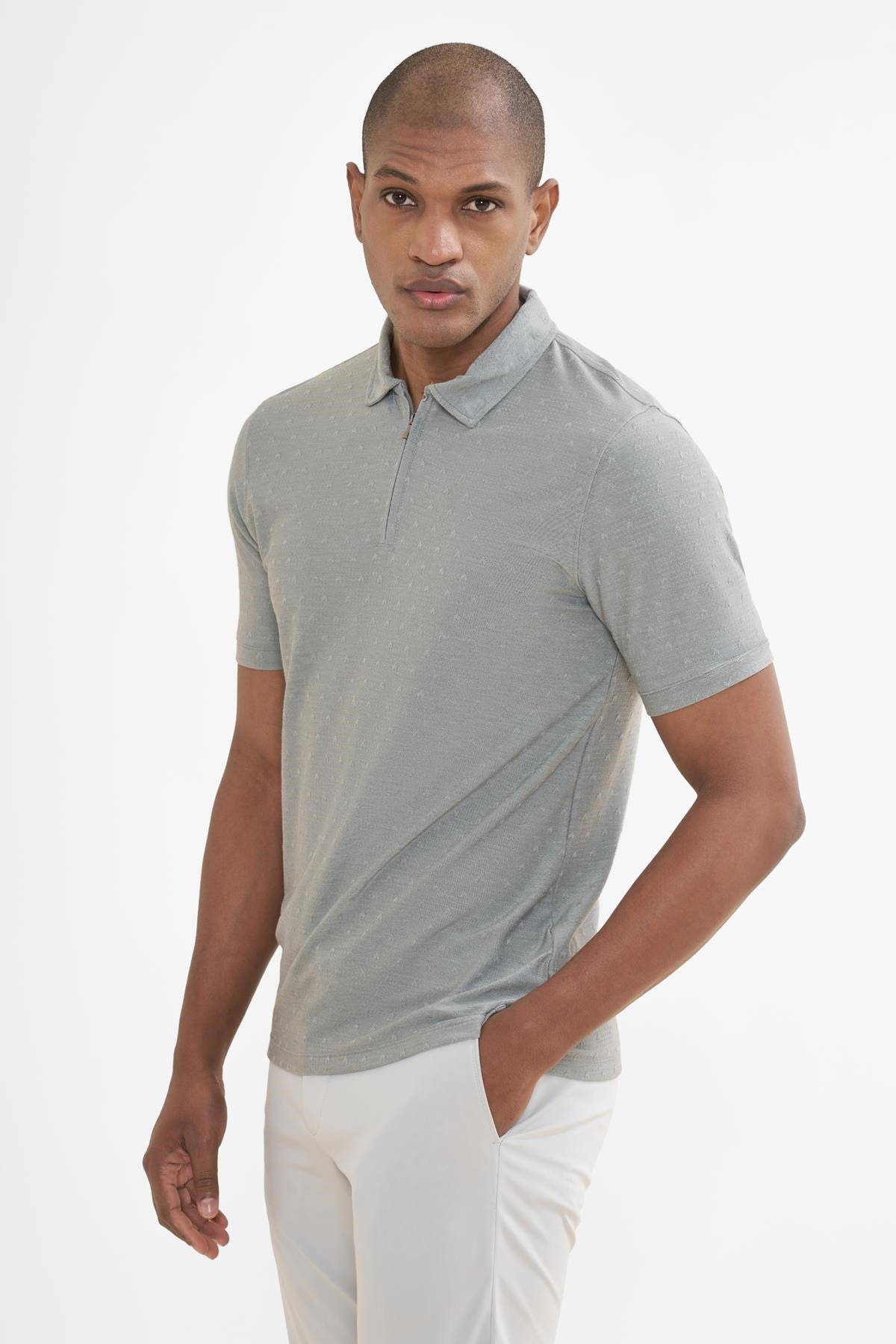İntersivin Fermuarlı Polo Yaka Gri Tshirt - SD-03