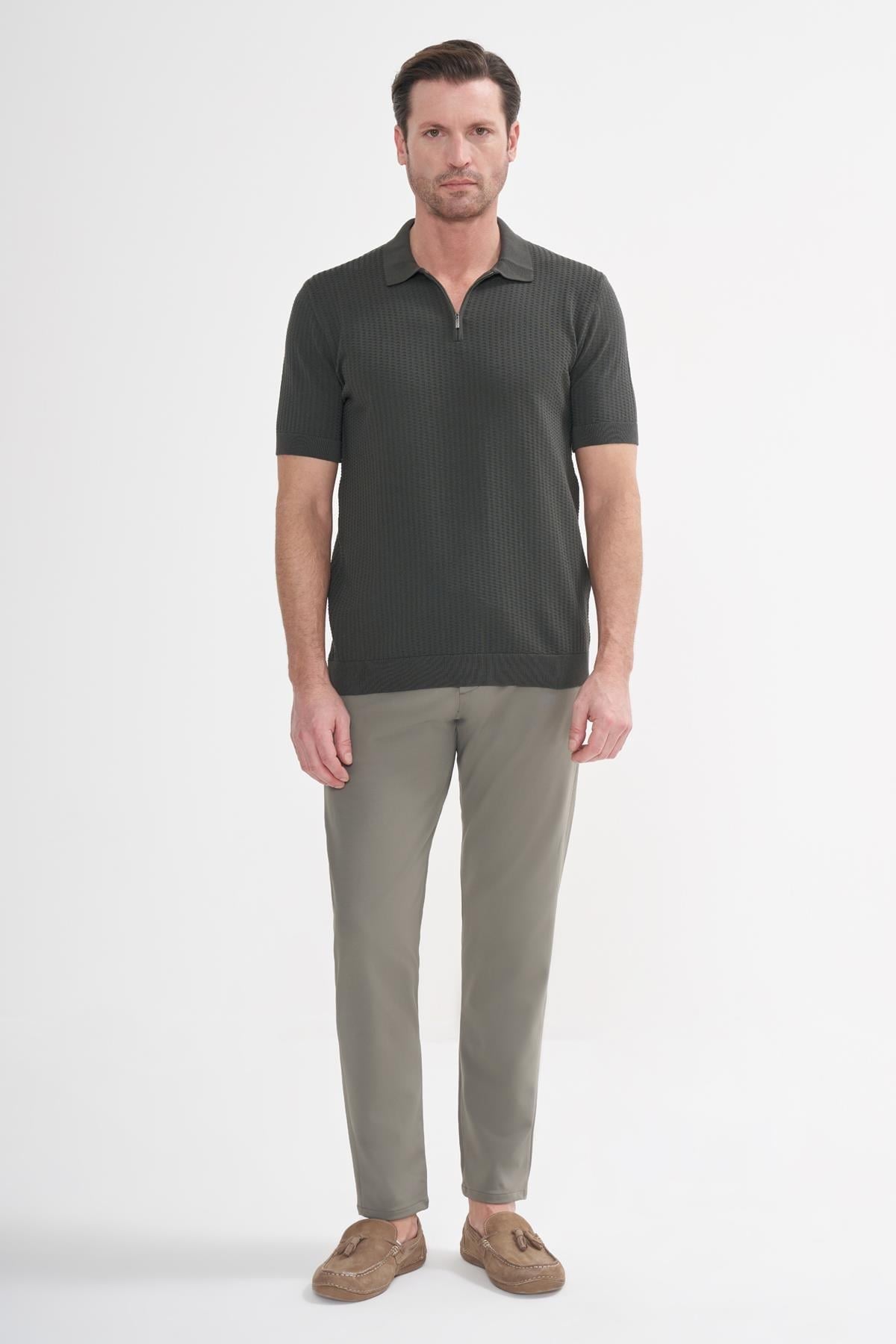 İntersivin Fermuarlı Polo Yaka Haki Tshirt - SY-12