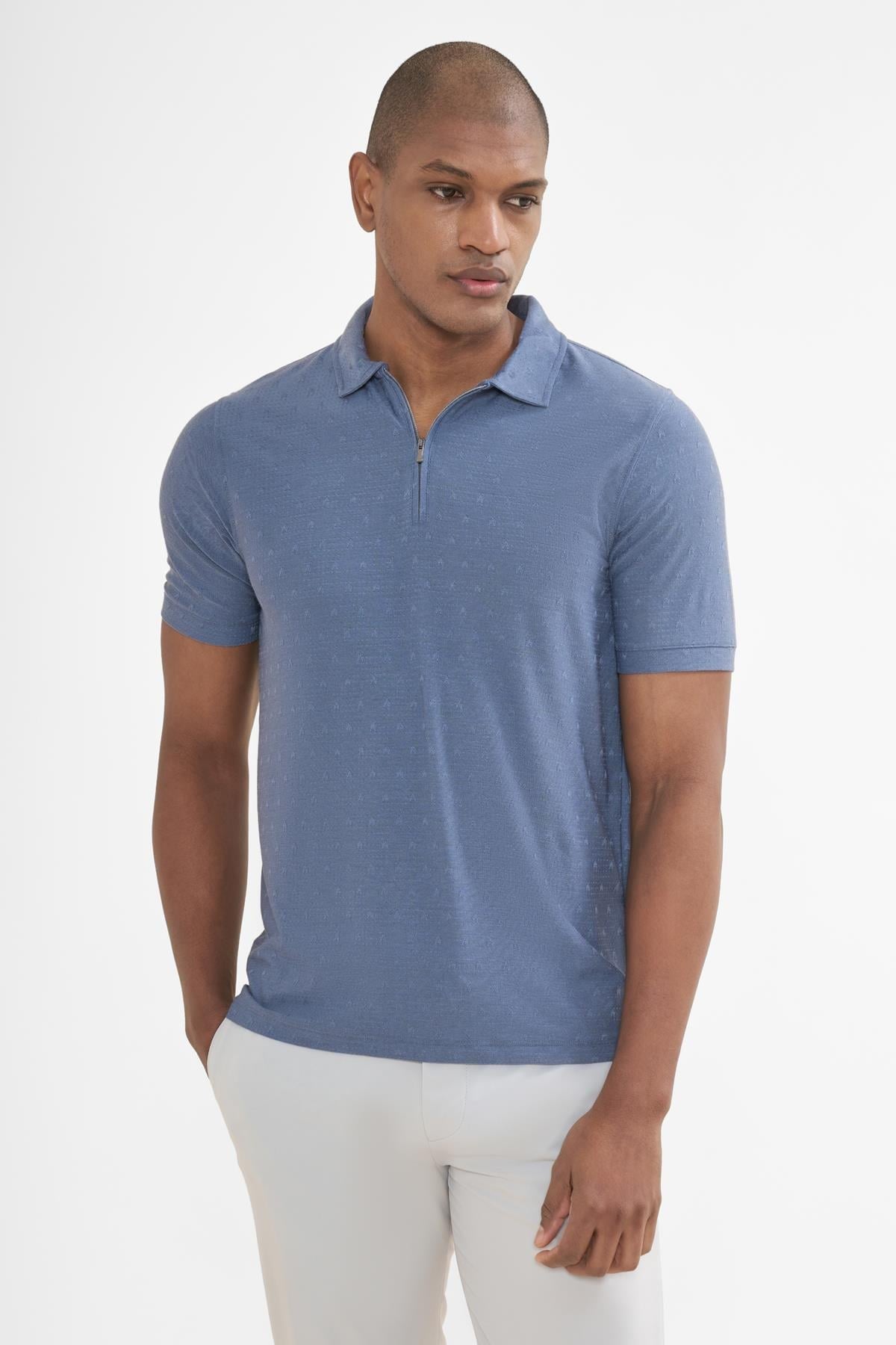 İntersivin Fermuarlı Polo Yaka İndigo Tshirt - SD-03