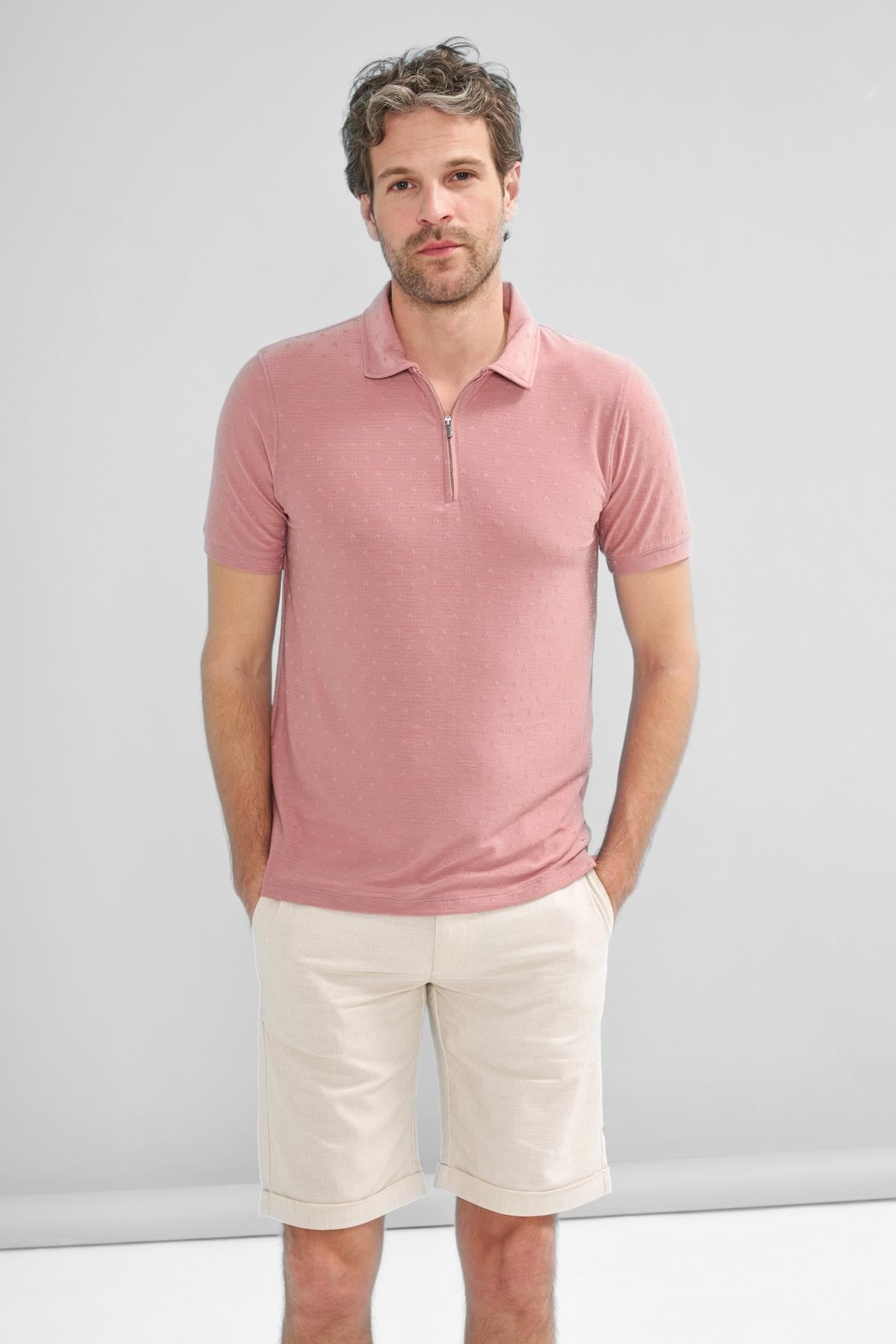 İntersivin Fermuarlı Polo Yaka Pembe Tshirt - SD-03