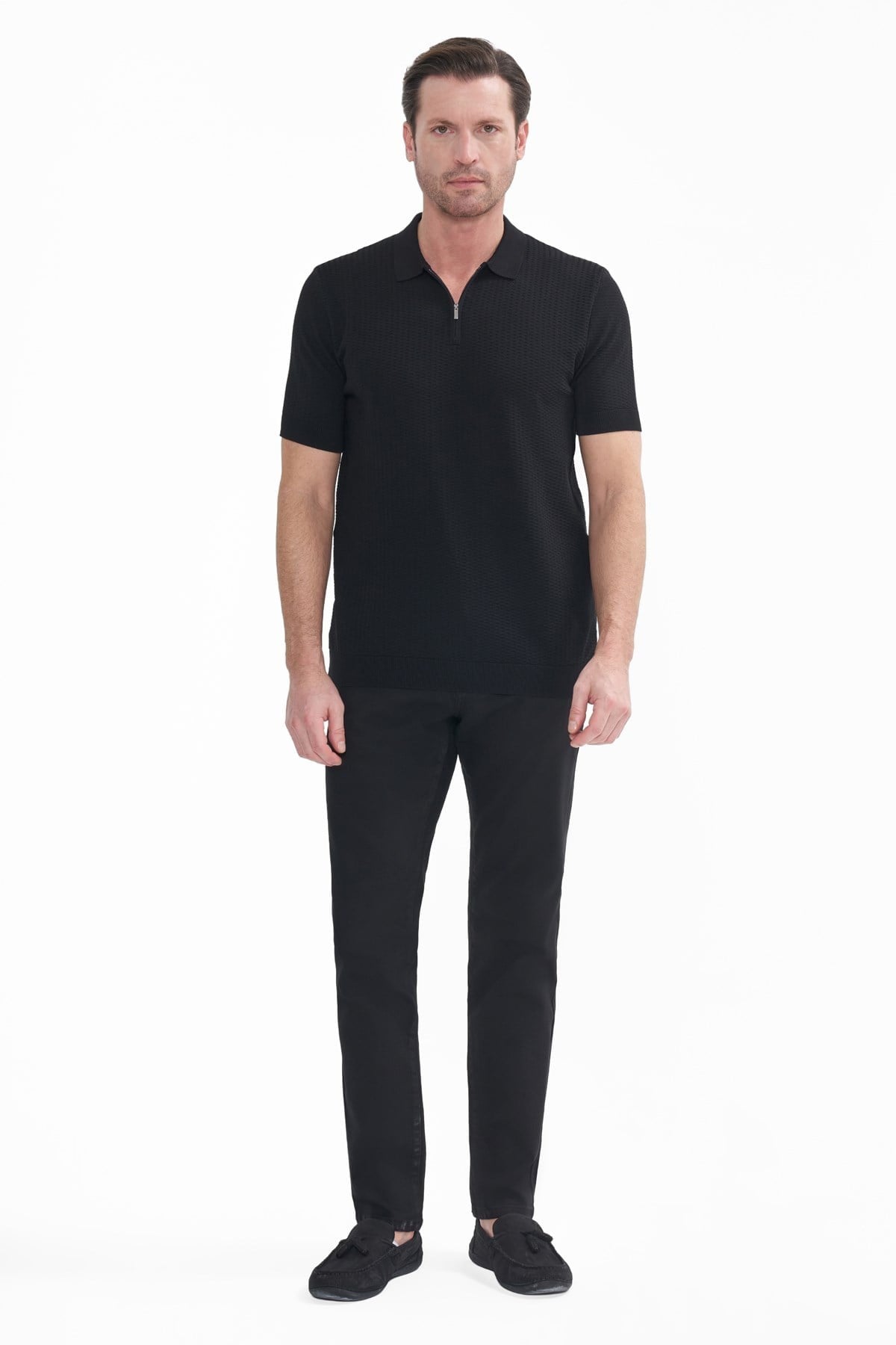İntersivin Fermuarlı Polo Yaka Siyah Tshirt - SY-12