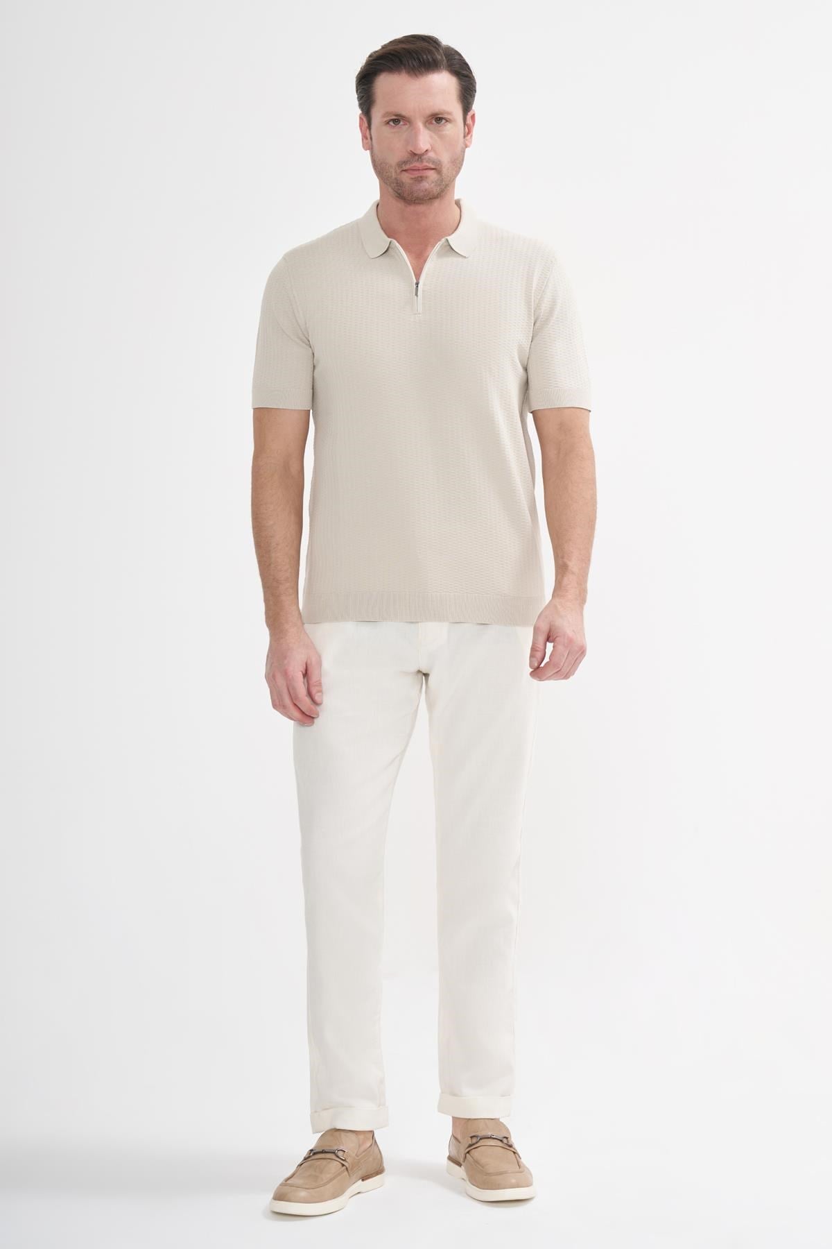 İntersivin Fermuarlı Polo Yaka Taş Rengi Tshirt - SY-12