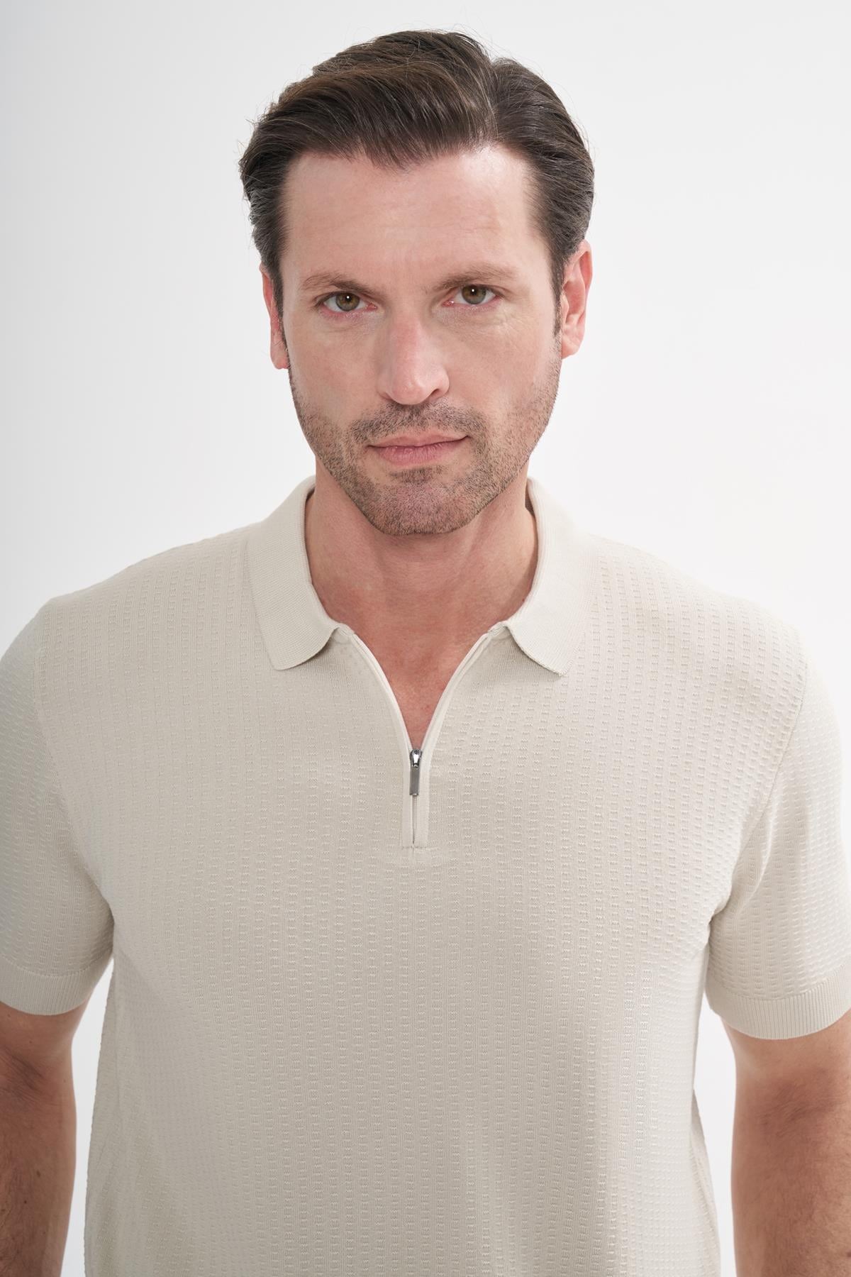 İntersivin Fermuarlı Polo Yaka Taş Rengi Tshirt - SY-12
