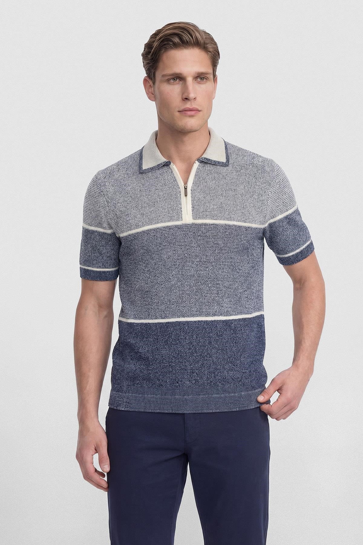 İntersivin İndigo Fermuar Yaka T-shirt - CY-1904