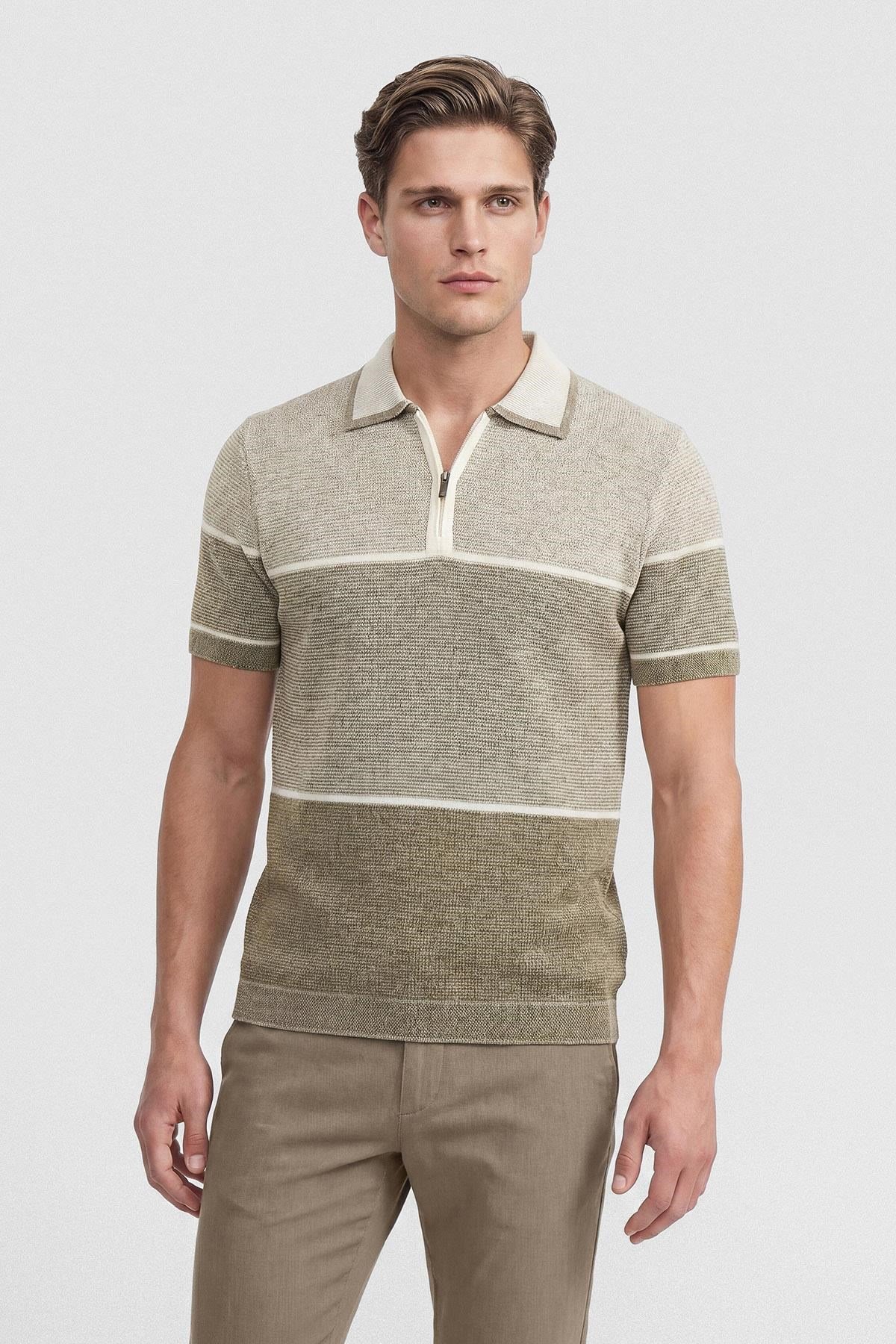 İntersivin Kahverengi Fermuar Yaka T-shirt - CY-1904