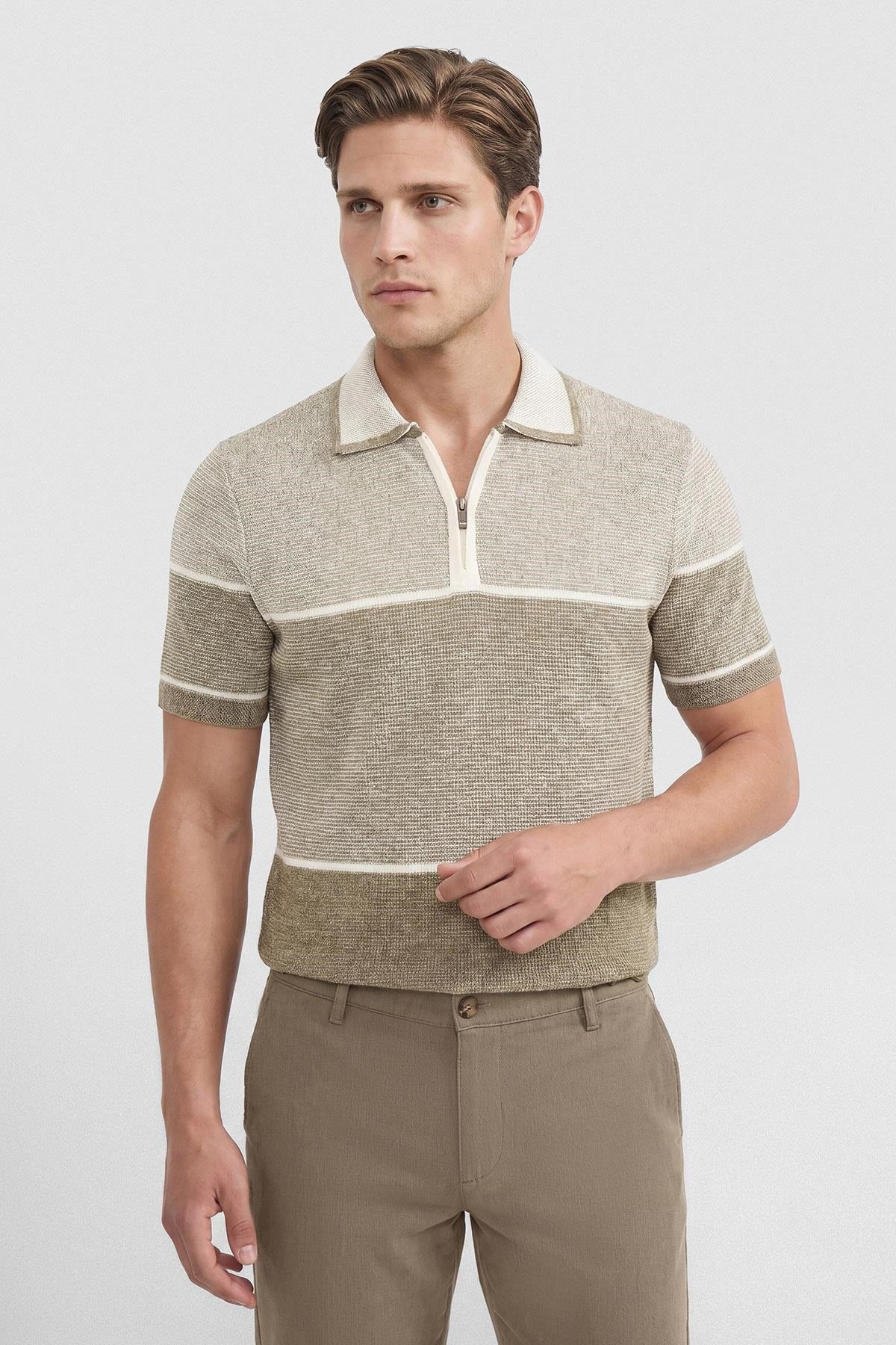 İntersivin Kahverengi Fermuar Yaka T-shirt - CY-1904