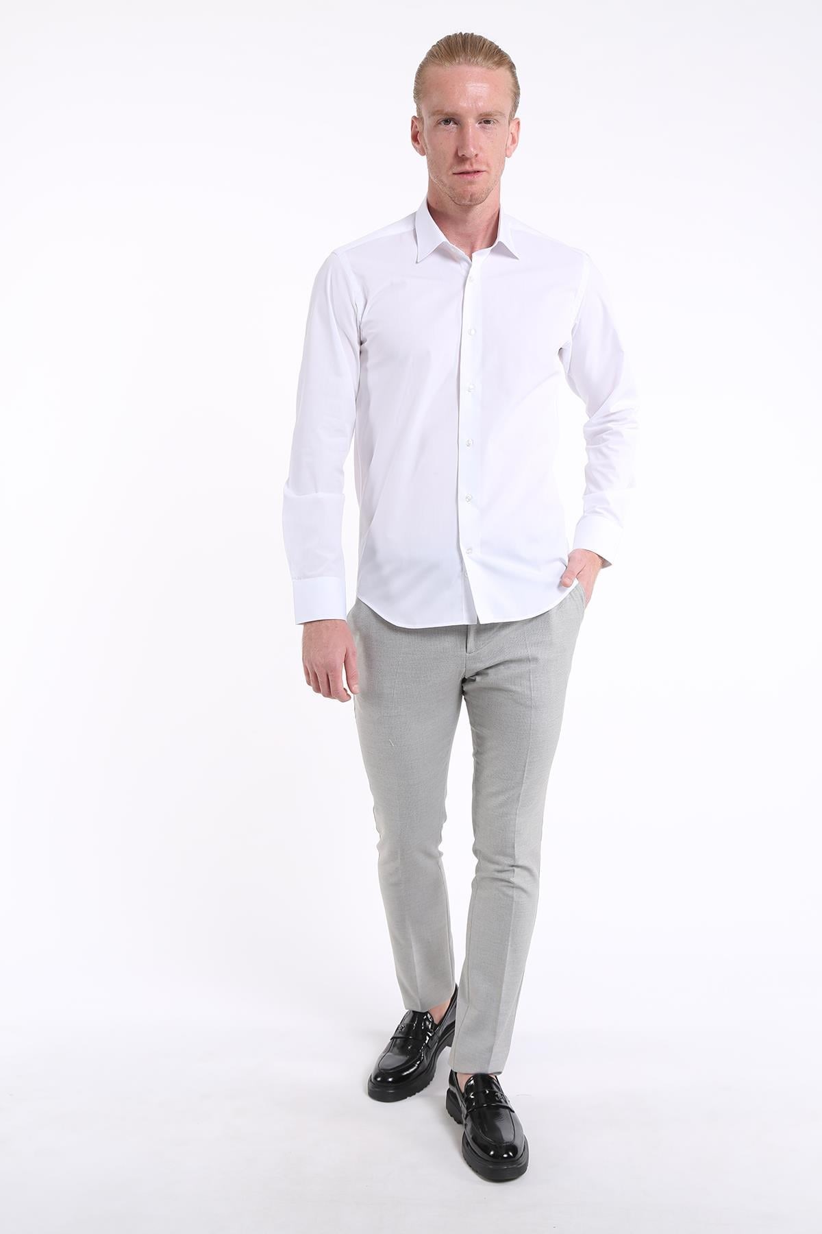 İntersivin Slim Fit Pamuklu Düz Beyaz Erkek Gömlek - S-5000