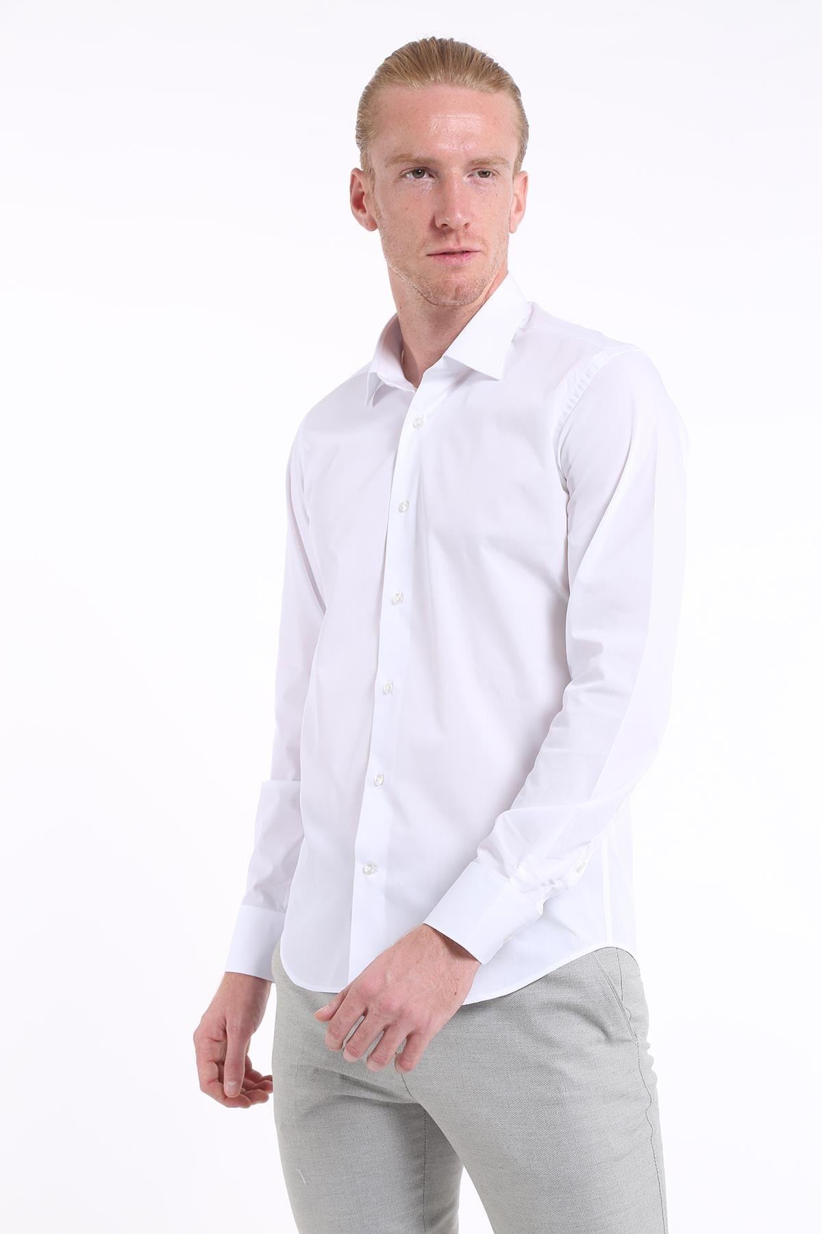 İntersivin Slim Fit Pamuklu Düz Beyaz Erkek Gömlek - S-5000