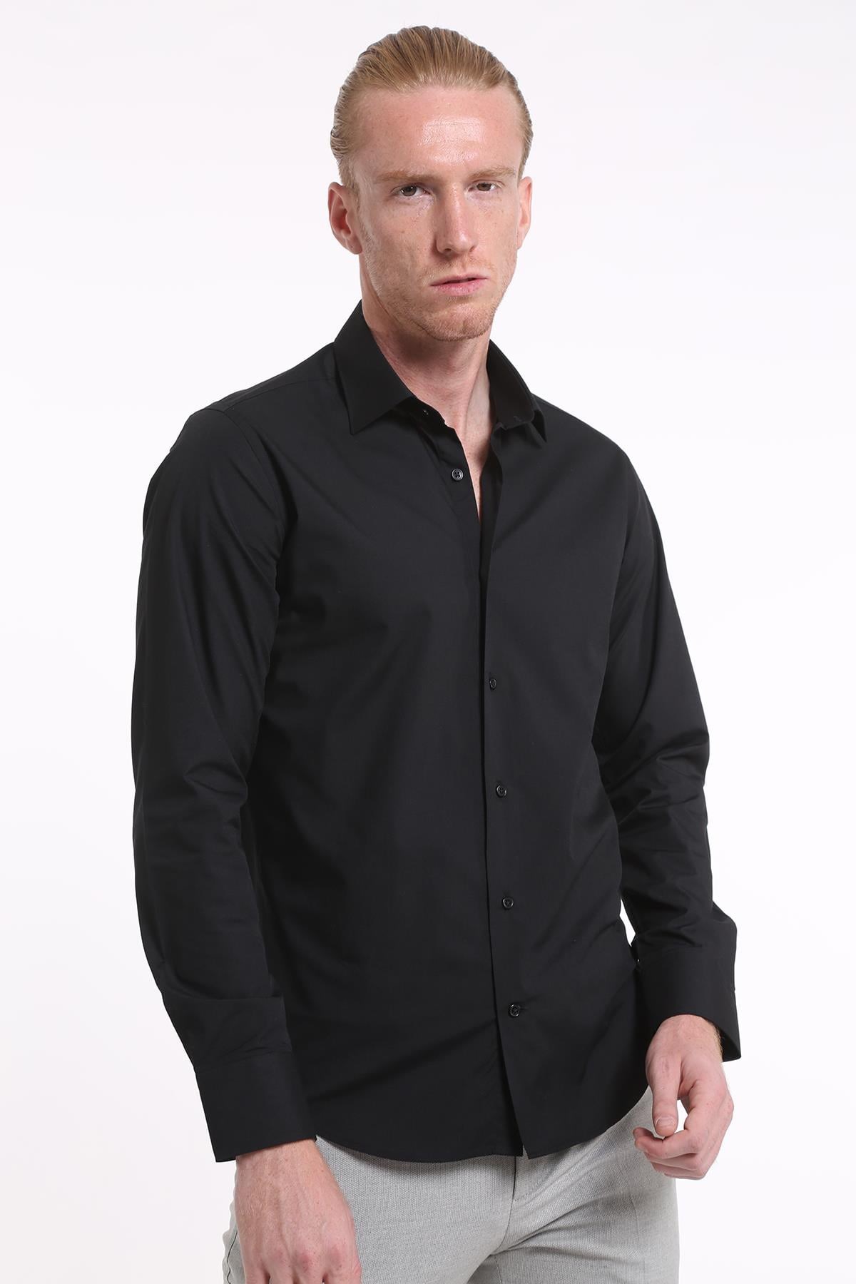 İntersivin Slim Fit Pamuklu Düz Siyah Erkek Gömlek S-5000