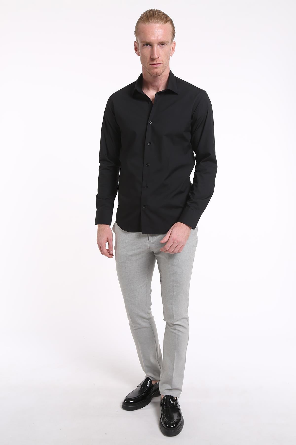 İntersivin Slim Fit Pamuklu Düz Siyah Erkek Gömlek S-5000