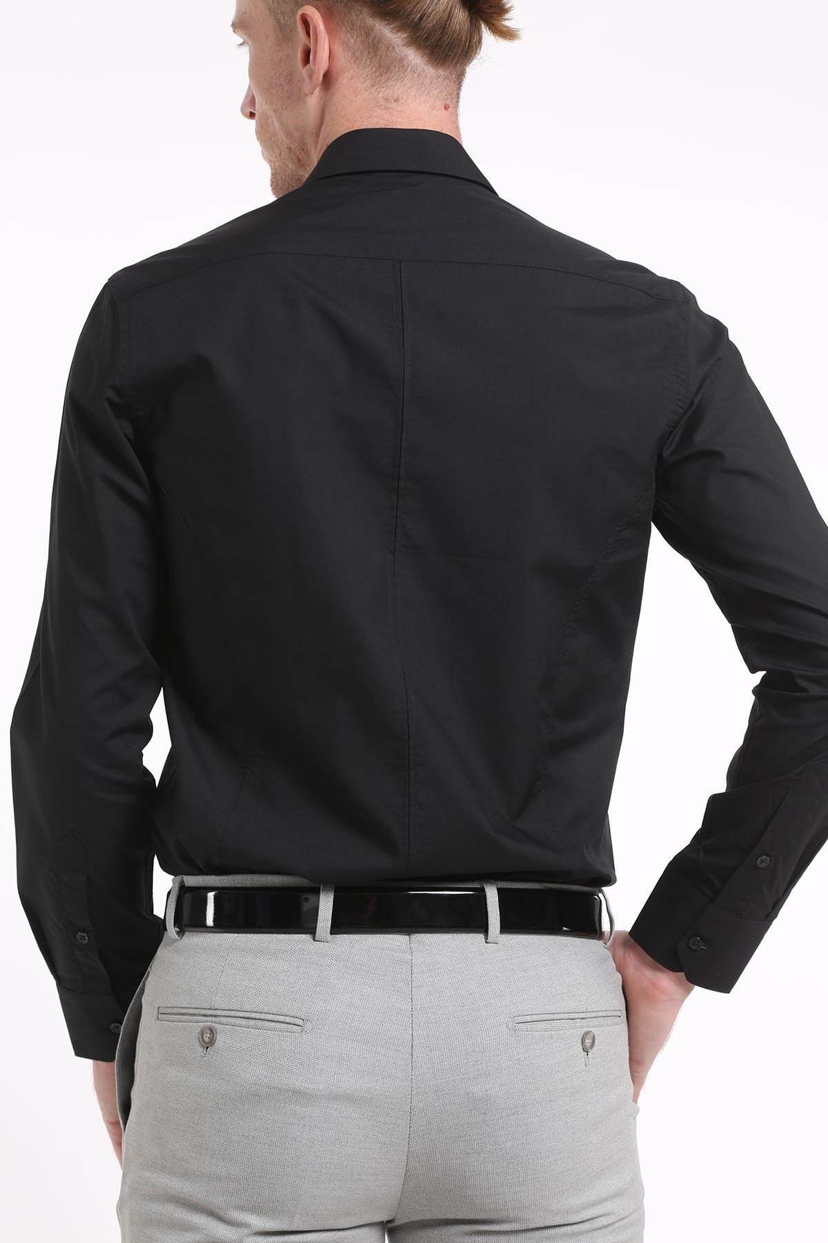 İntersivin Slim Fit Pamuklu Düz Siyah Erkek Gömlek S-5000