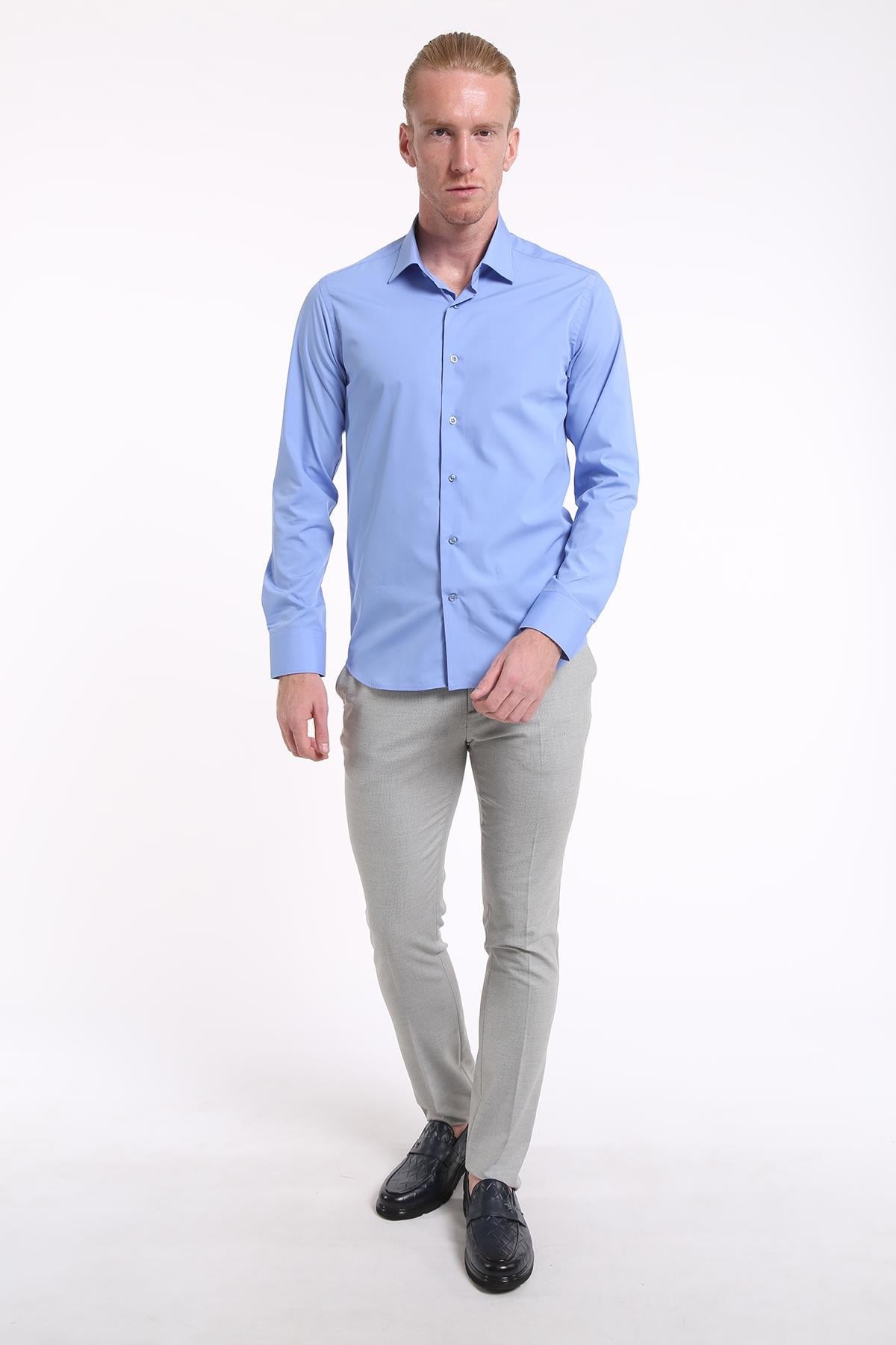 İntersivin Slim Fit Pamuklu Mavi Erkek Gömlek - S-5000