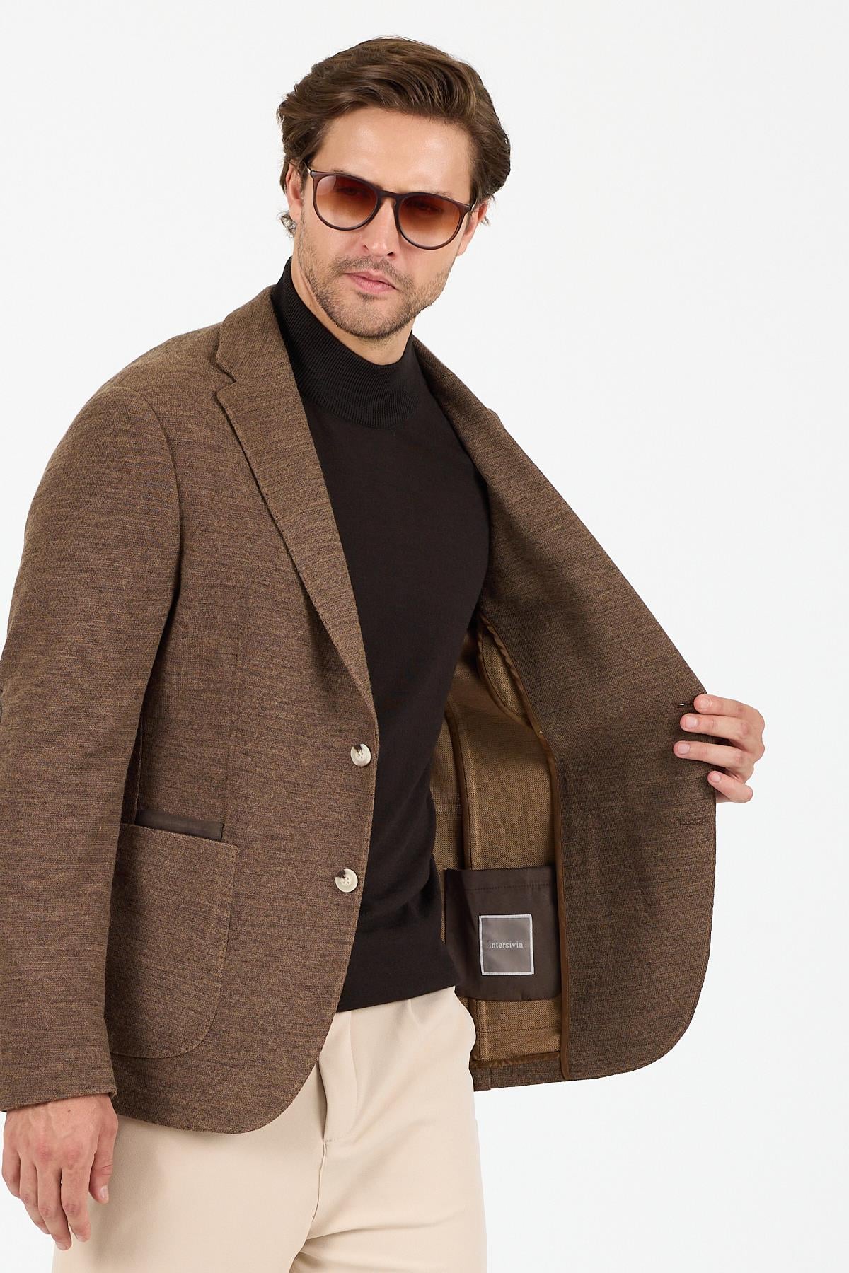 KS-01 Akrilik Kumaş Blazer Tek Ceket- Kahverengi