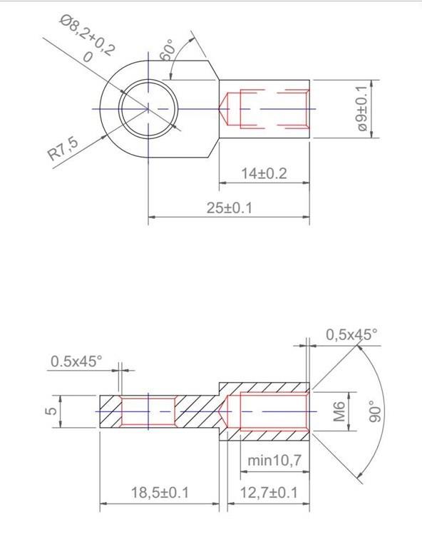 DELİKLİ GAZLI AMORTİSÖR BAŞLIĞI  EYELED M6 DELİK 8,2 EKSEN 25