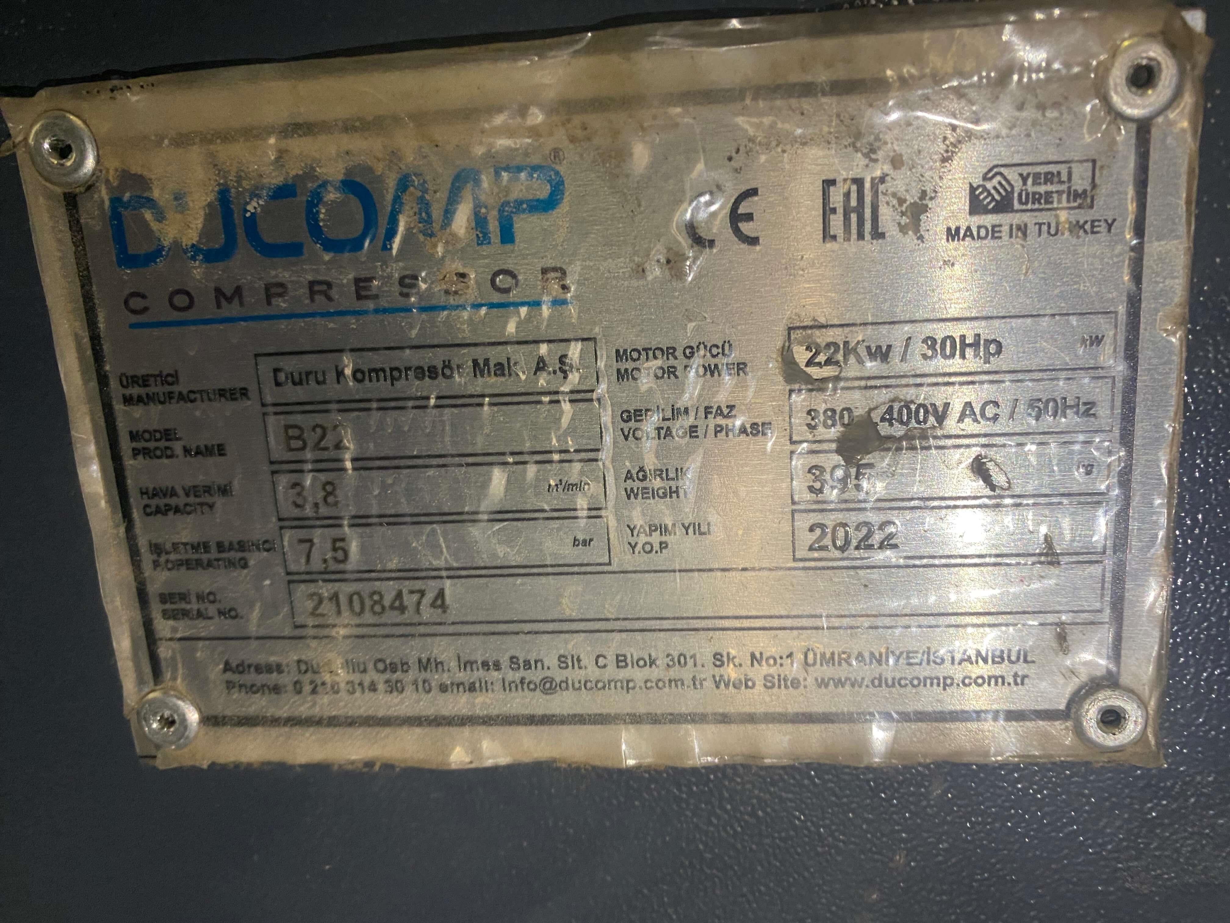 Ducomp 22 Kw/30 Hp. Kompresör, Kurutucu, Hava Tankı Takım Makine (2022)