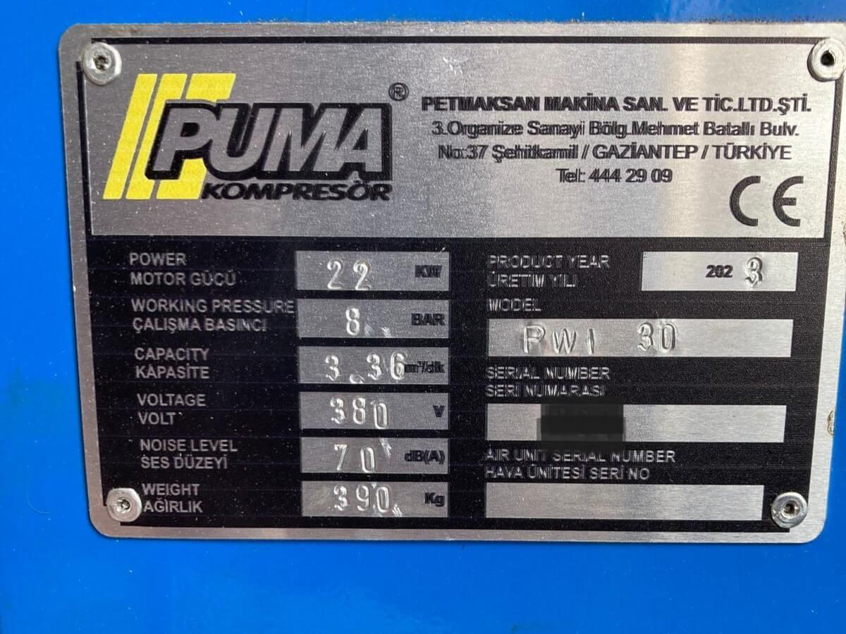 Puma 22 Kw Kompresör ve 1000 Lt. Hava Tankı (2023)