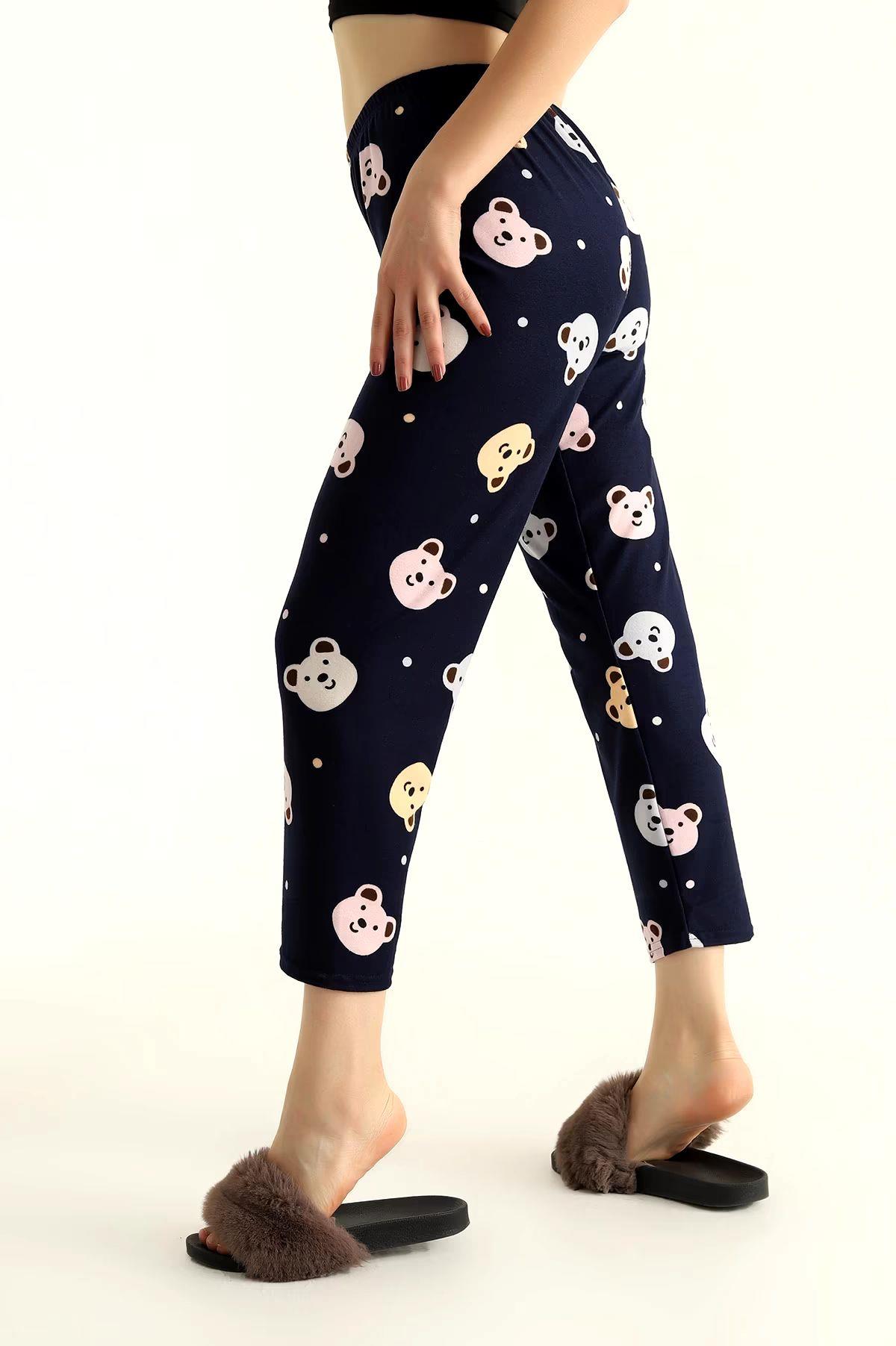 Ayıcık Ve Nokta Desenli Pijama Altı Süet Lacivert
