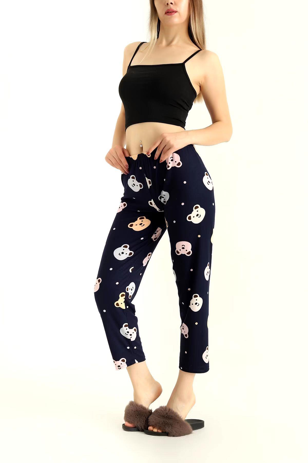 Ayıcık Ve Nokta Desenli Pijama Altı Süet Lacivert