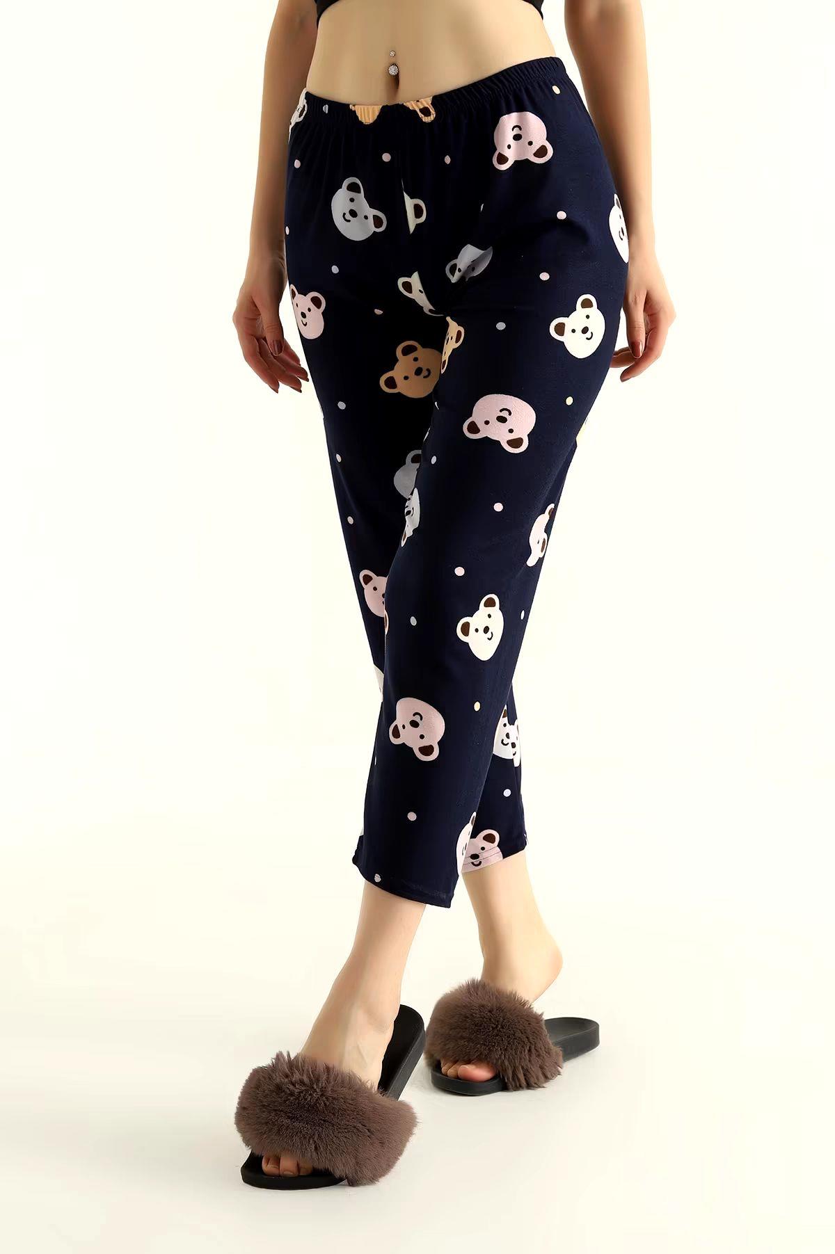 Ayıcık Ve Nokta Desenli Pijama Altı Süet Lacivert